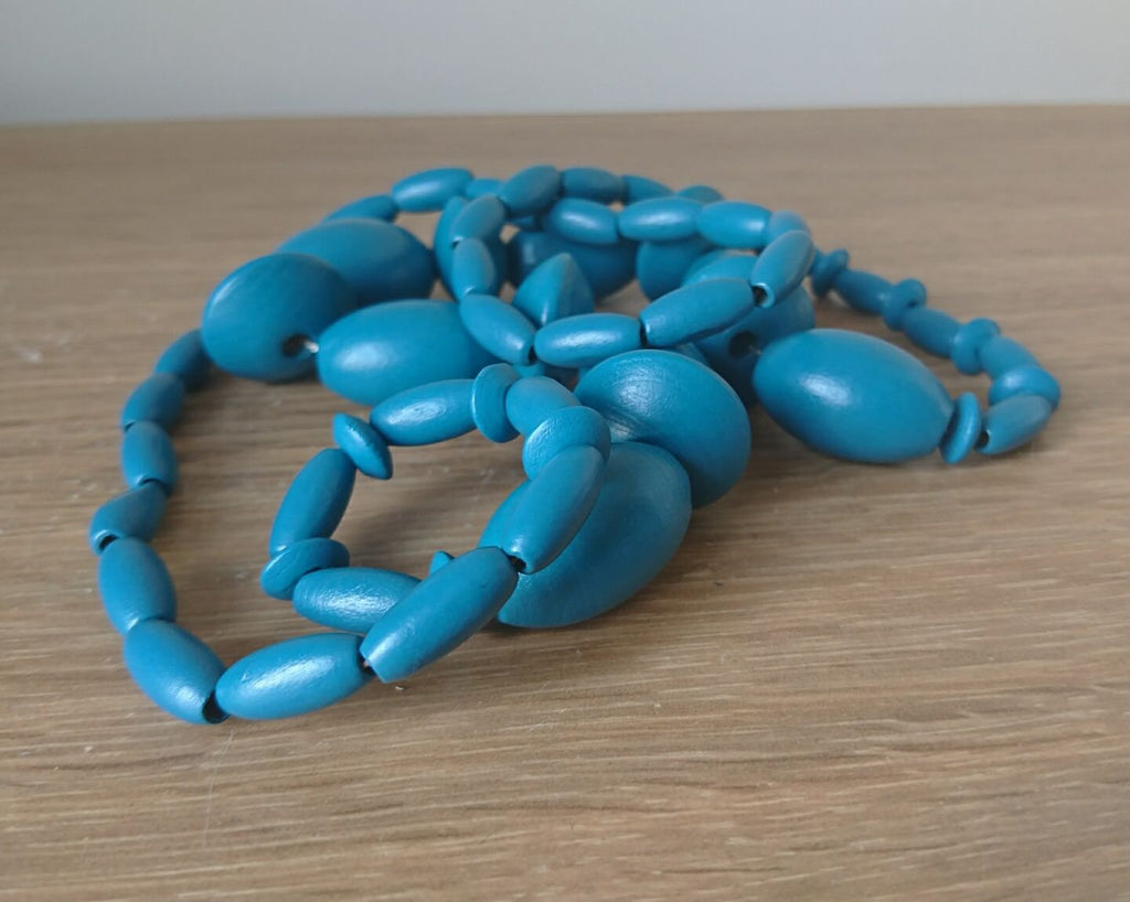 Vintage Blue Beaded Necklace Wooden Retro Necklace 80's Long Costume Jewellery Jewelry