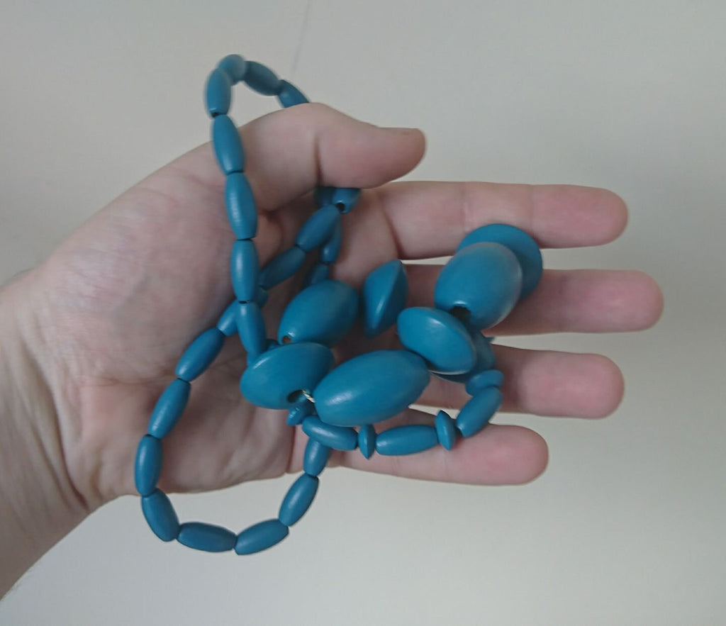 Vintage Blue Beaded Necklace Wooden Retro Necklace 80's Long Costume Jewellery Jewelry