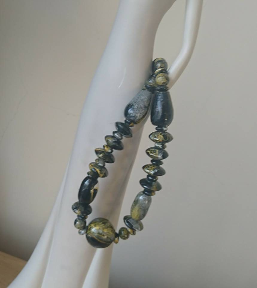 Vintage Wooden Boho Beaded Necklace Black Yellow White Marbled Beads Costume Jewellery Jewelry