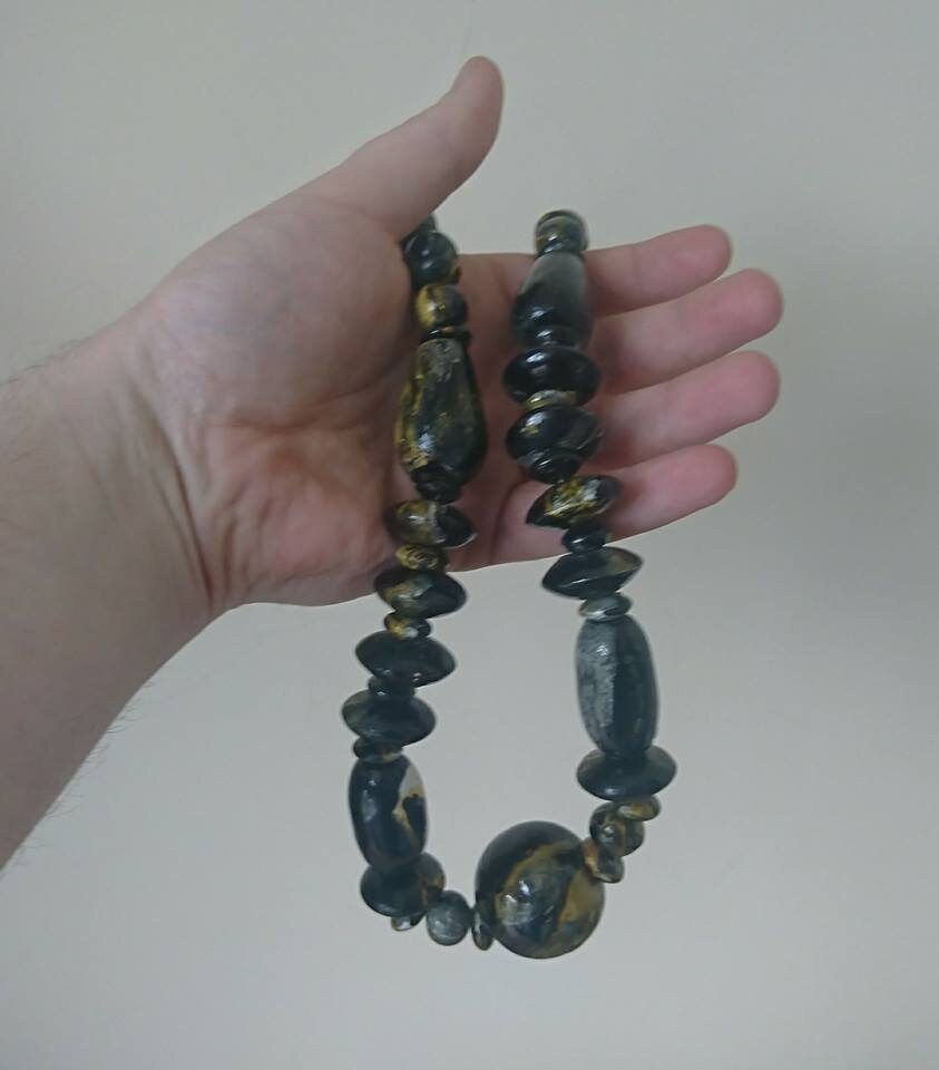 Vintage Wooden Boho Beaded Necklace Black Yellow White Marbled Beads Costume Jewellery Jewelry