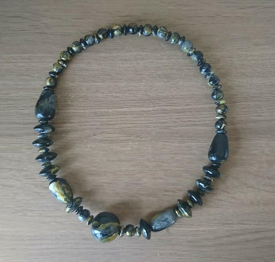 Vintage Wooden Boho Beaded Necklace Black Yellow White Marbled Beads Costume Jewellery Jewelry