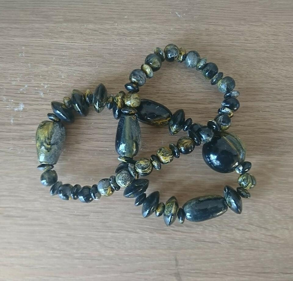 Vintage Wooden Boho Beaded Necklace Black Yellow White Marbled Beads Costume Jewellery Jewelry