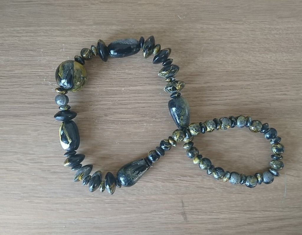 Vintage Wooden Boho Beaded Necklace Black Yellow White Marbled Beads Costume Jewellery Jewelry