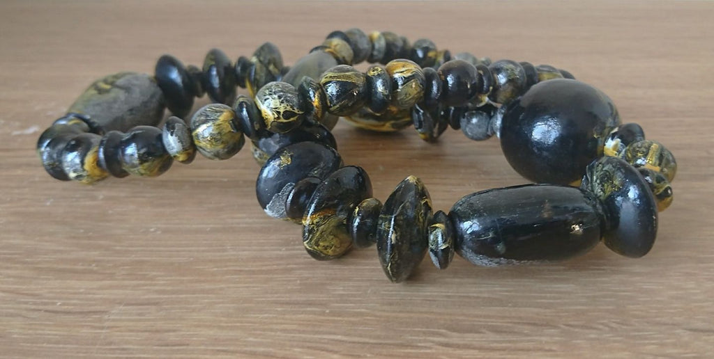 Vintage Wooden Boho Beaded Necklace Black Yellow White Marbled Beads Costume Jewellery Jewelry