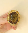 Victorian Style Faux Agate Brooch, Gold Tone Costume Jewelry