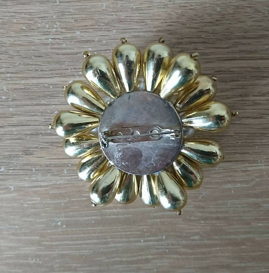 Vintage Floral Brooch, Chunky Faux Pearl & Gold Jewelry