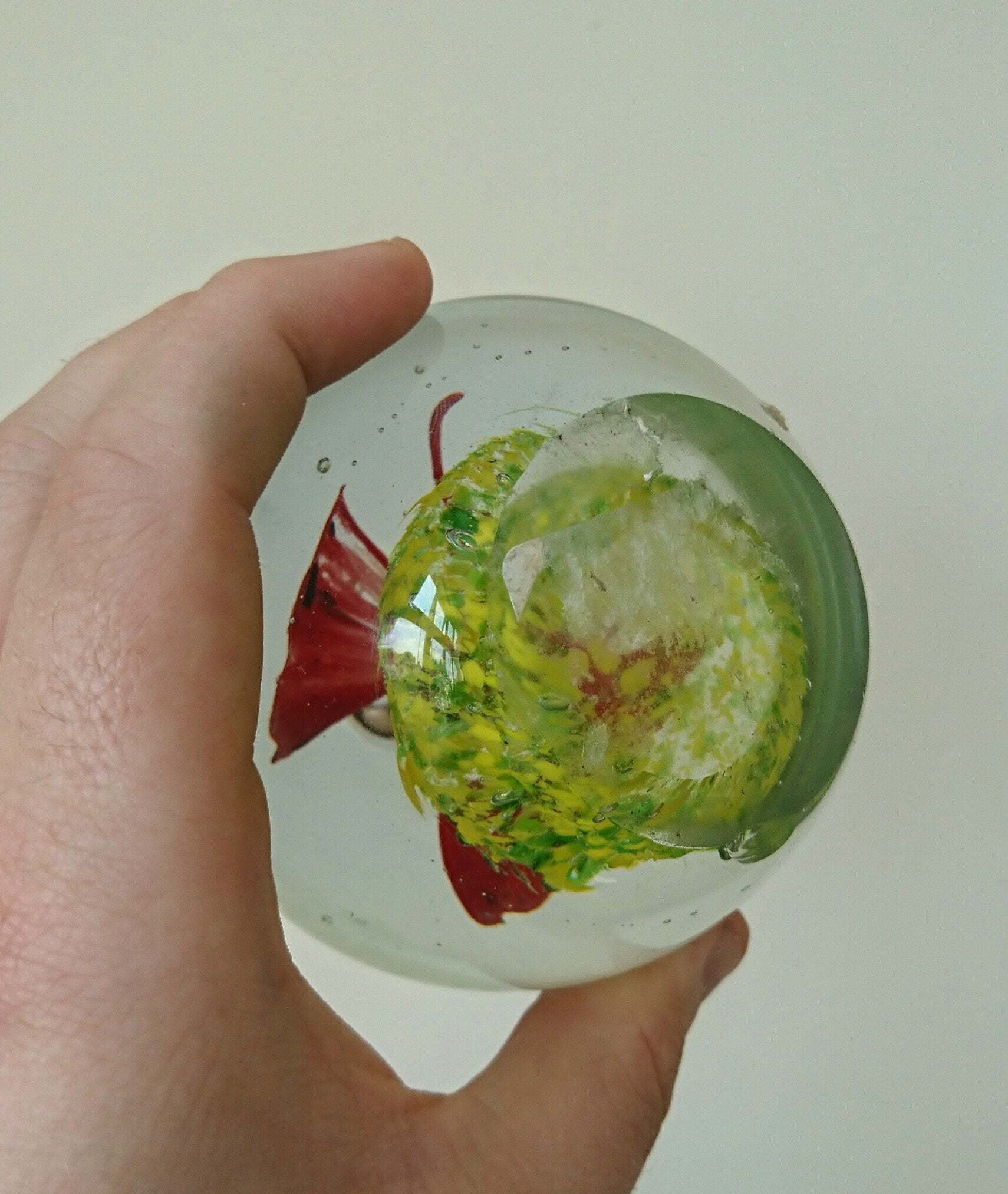 Vintage Paperweight Green, Red Glass Art Floral Flower Butterfly Office Decor Round Collectable