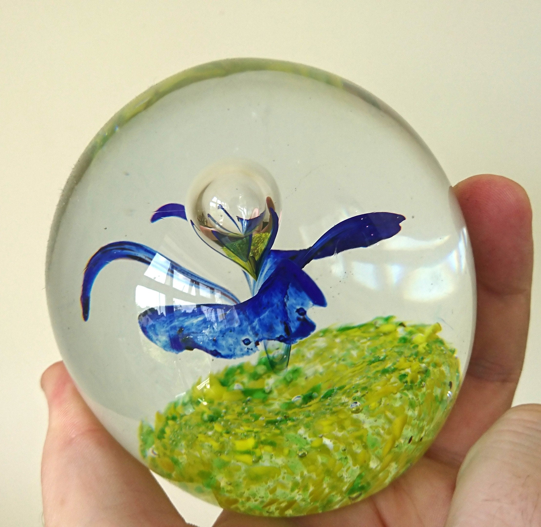 Vintage Paperweight Green, Blue Glass Art Floral Flower Butterfly Office Decor Round Collectable