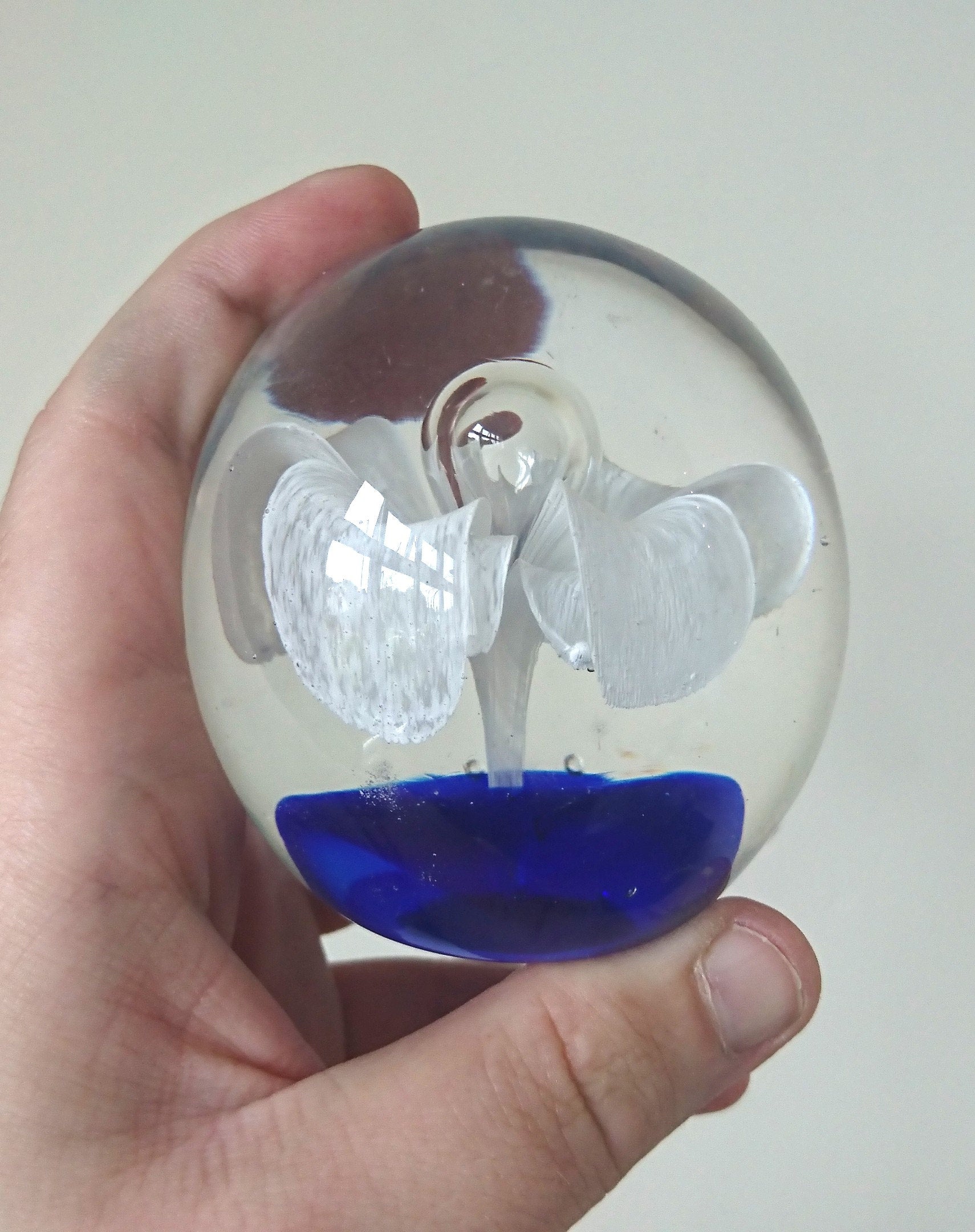 Vintage Paperweight Floral Blue and White Round Glass Art Collectable Office Decor