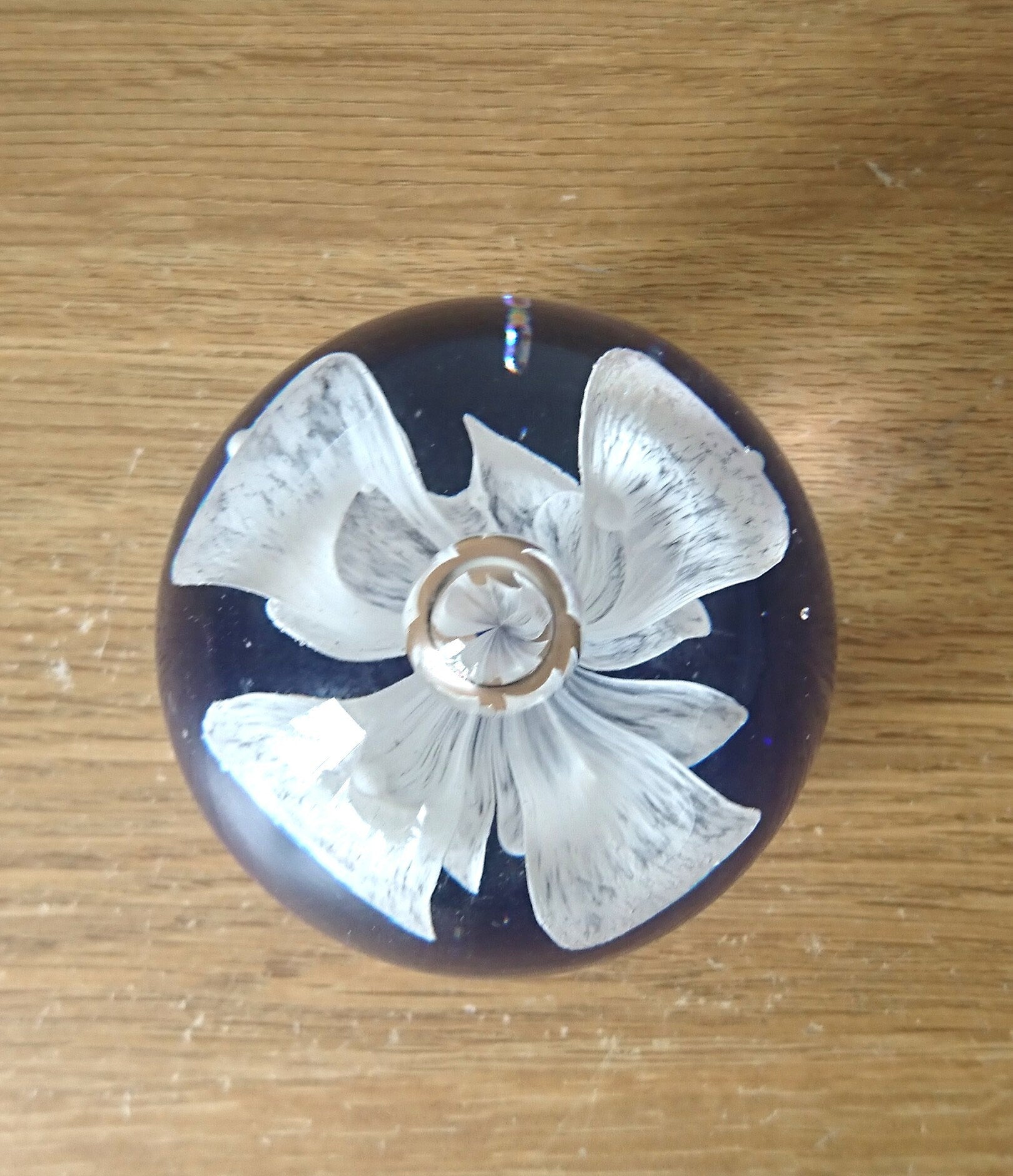 Vintage Paperweight Floral Blue and White Round Glass Art Collectable Office Decor