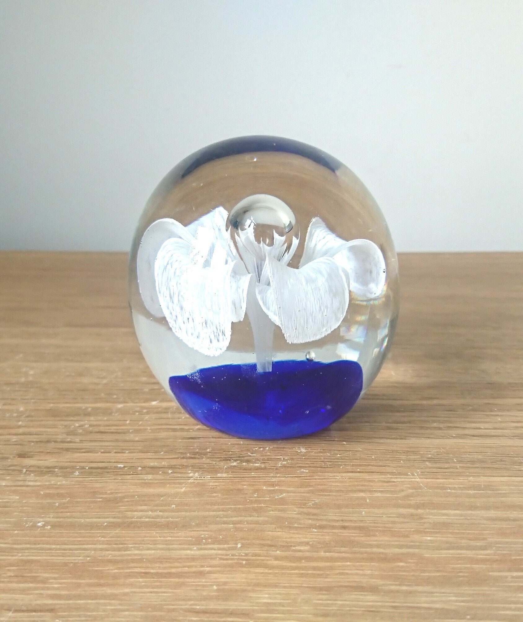 Vintage Paperweight Floral Blue and White Round Glass Art Collectable Office Decor