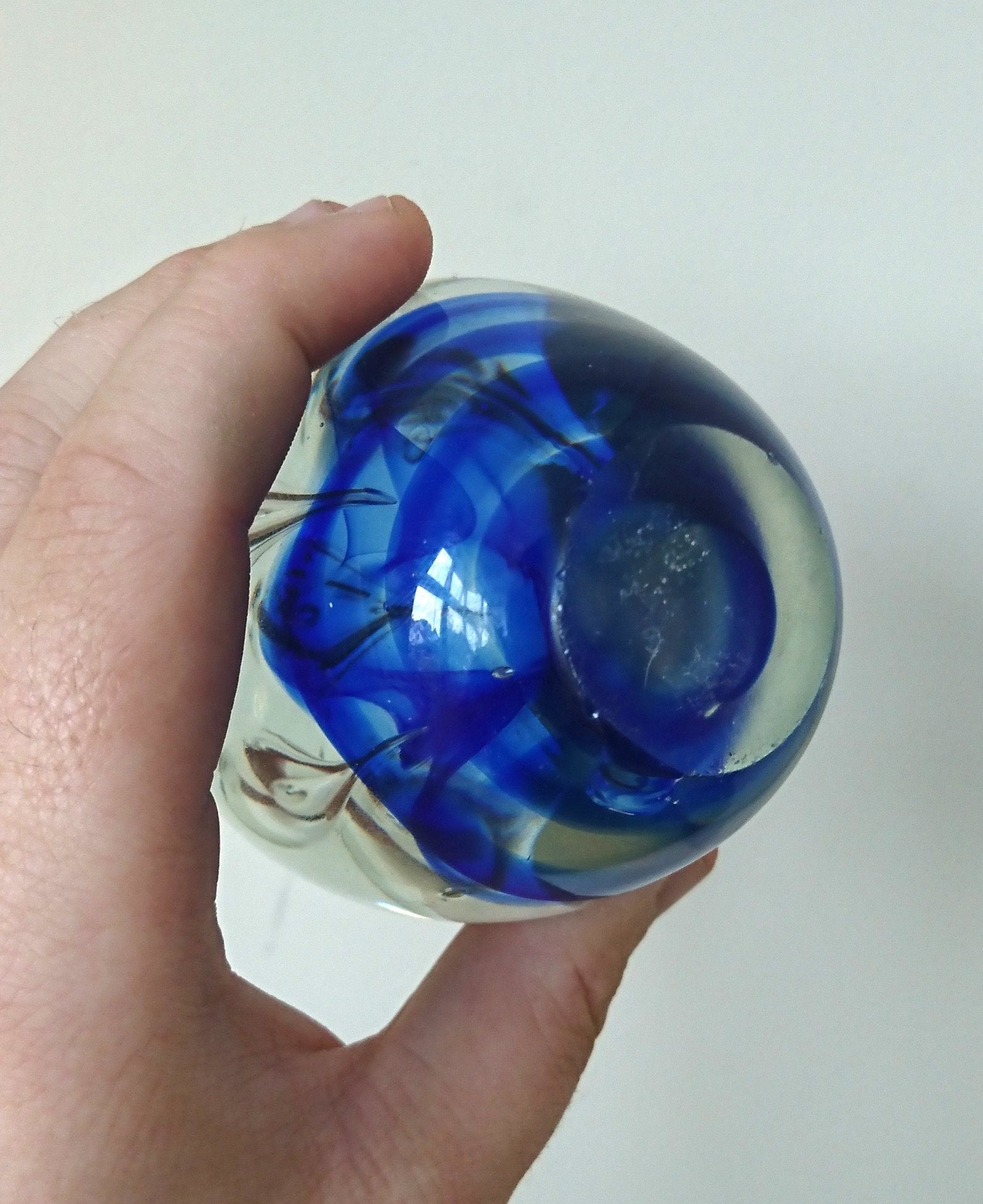 Vintage Oval Paperweight Blue Droplet Swirl Spiral Clear Glass Collectable Glass Art Office Decor