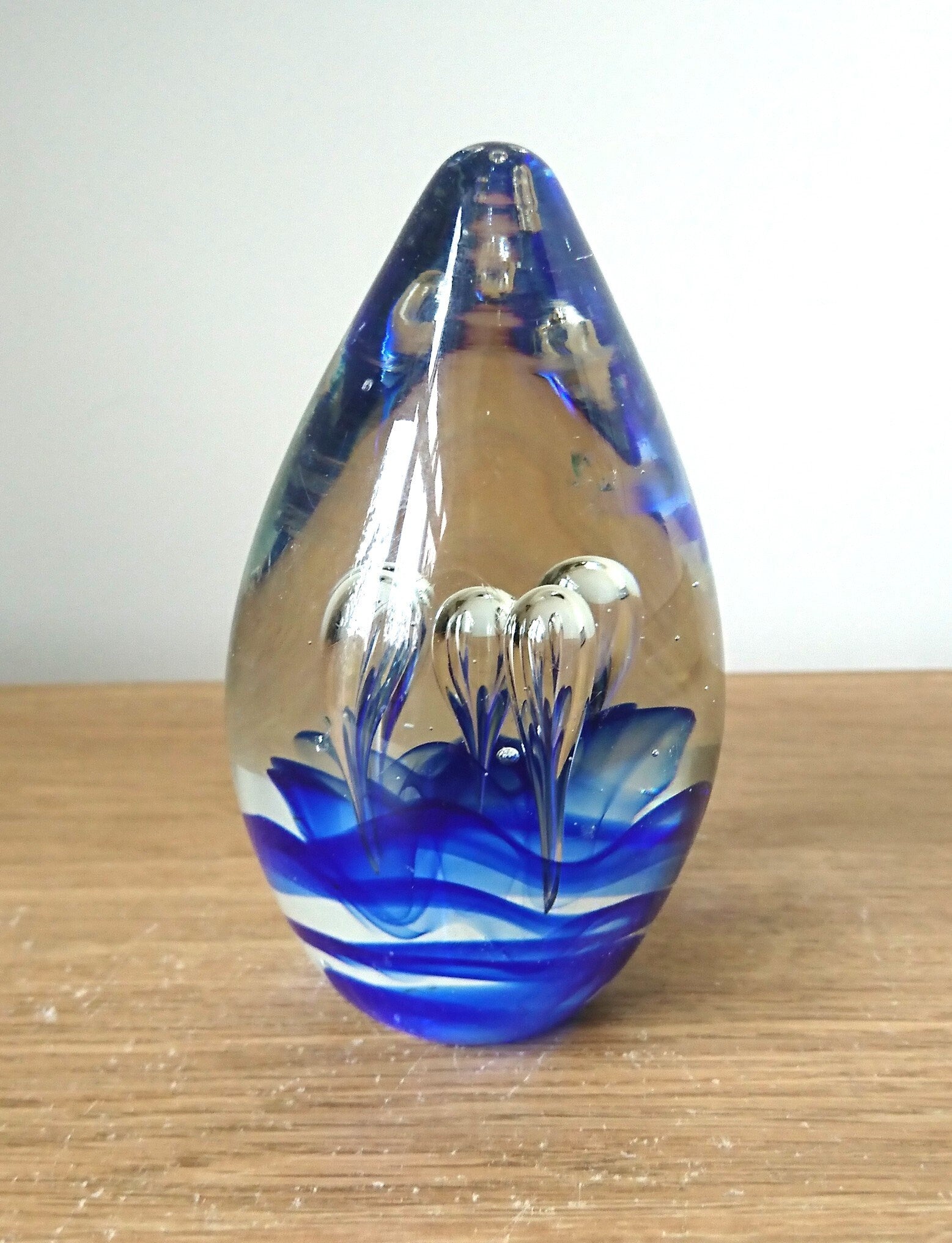 Vintage Oval Paperweight Blue Droplet Swirl Spiral Clear Glass Collectable Glass Art Office Decor