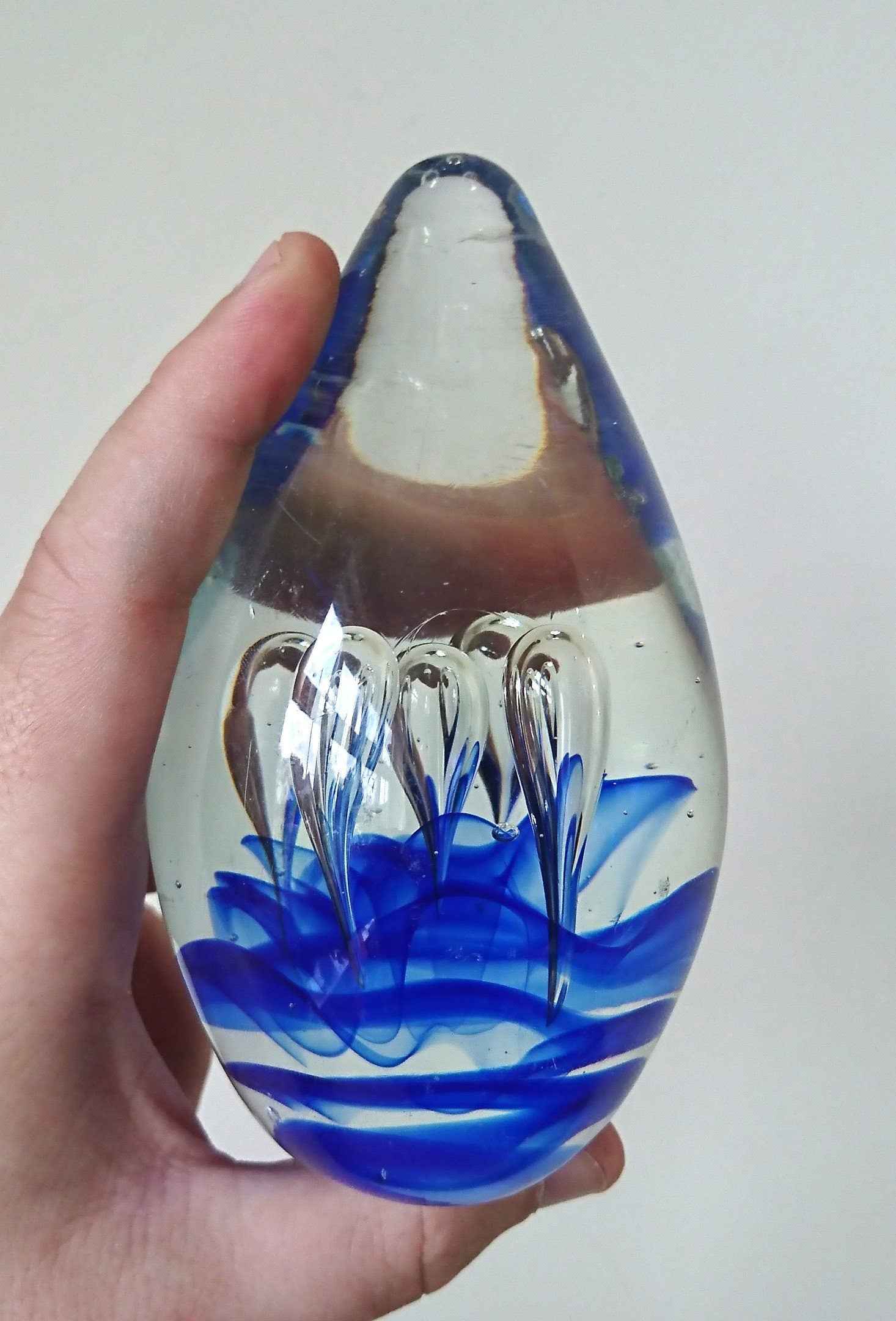 Vintage Oval Paperweight Blue Droplet Swirl Spiral Clear Glass Collectable Glass Art Office Decor