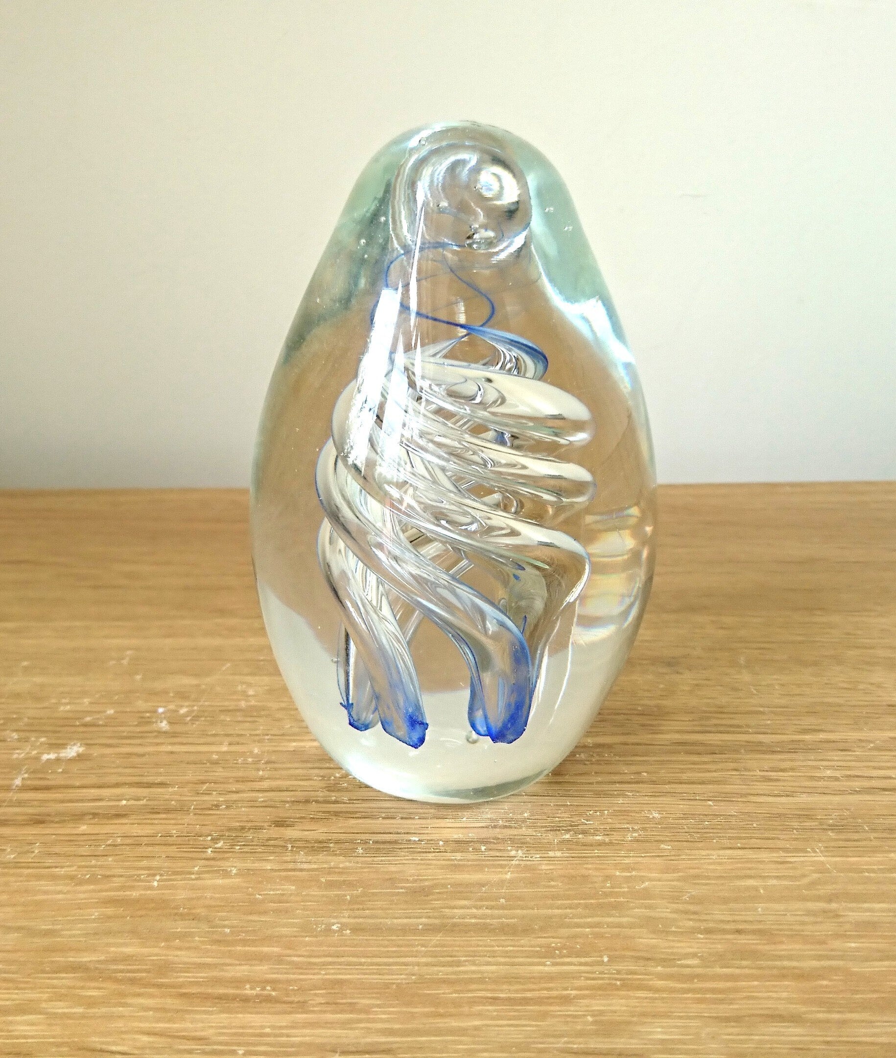 Vintage Oval Paperweight Blue Swirl Spiral Clear Glass Collectable Glass Art Office Decor