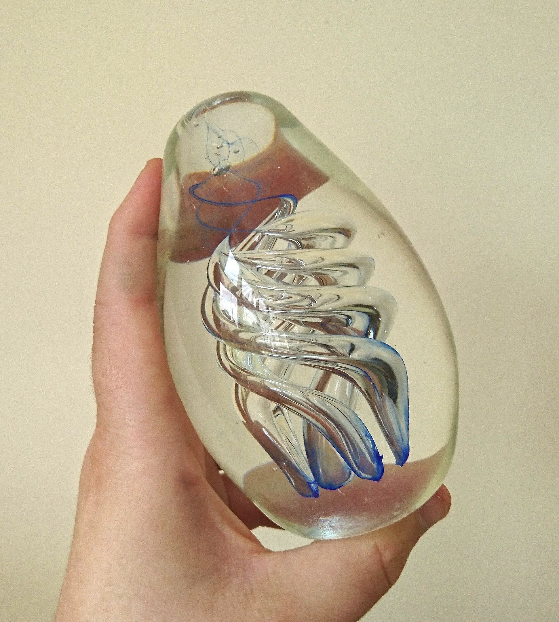 Vintage Oval Paperweight Blue Swirl Spiral Clear Glass Collectable Glass Art Office Decor