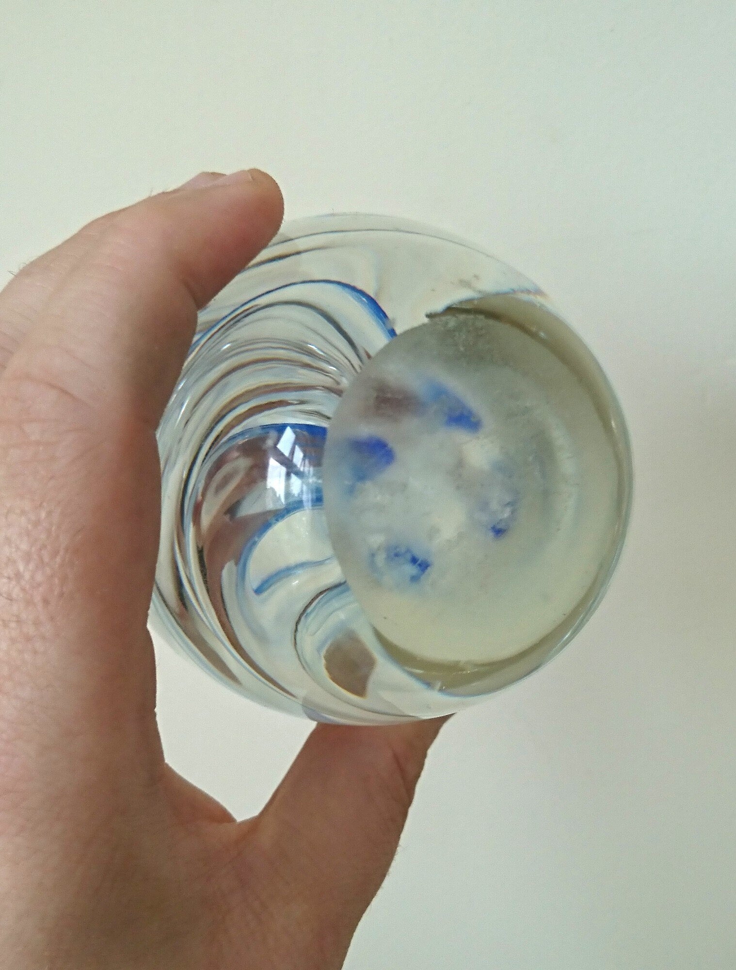 Vintage Oval Paperweight Blue Swirl Spiral Clear Glass Collectable Glass Art Office Decor