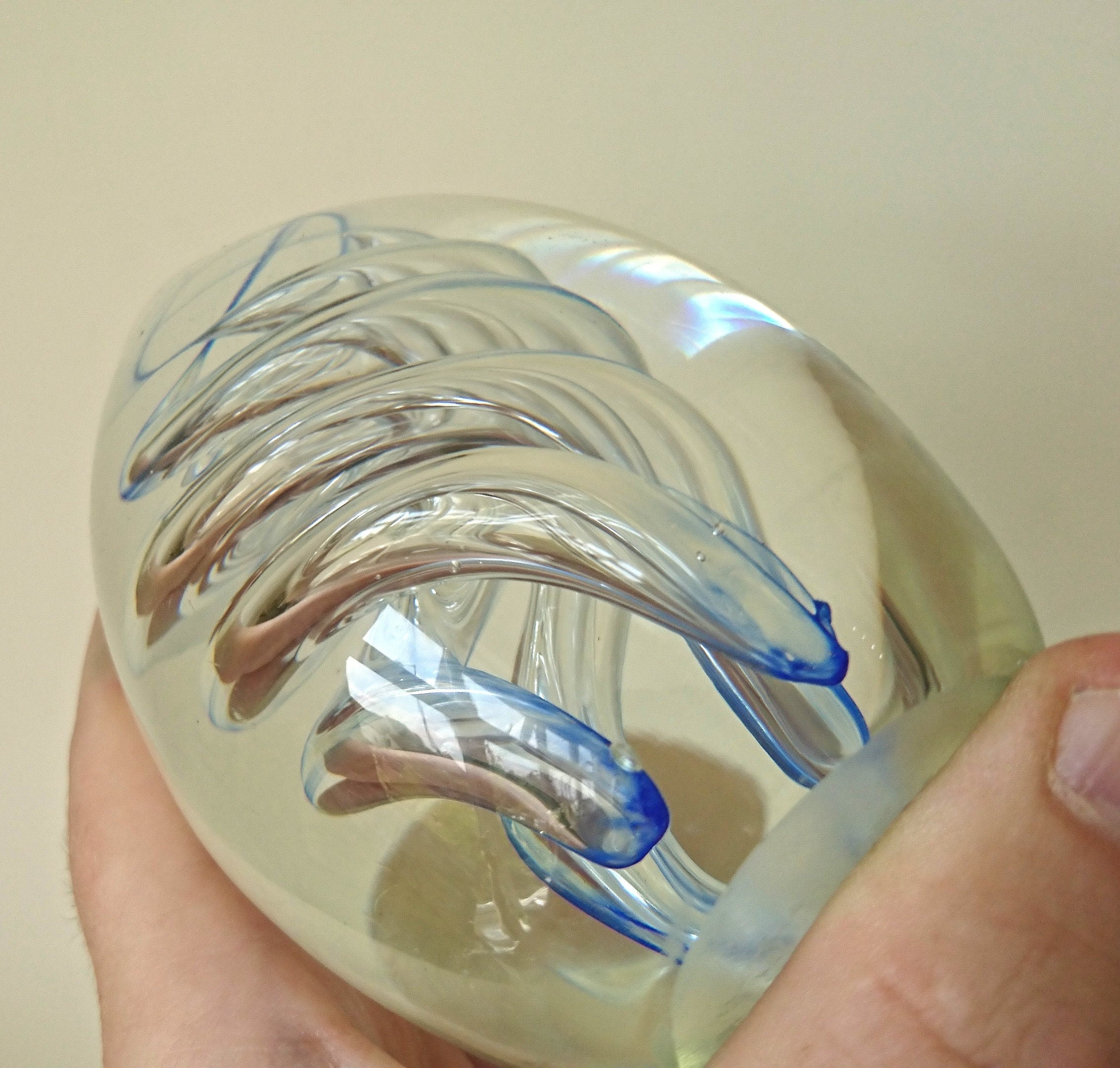 Vintage Oval Paperweight Blue Swirl Spiral Clear Glass Collectable Glass Art Office Decor