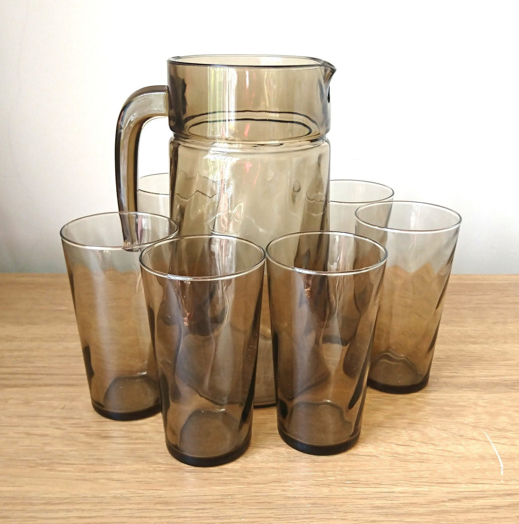 Vintage Gray Glass Pitcher Set, 1970s Retro Barware, Mid-Century Modern