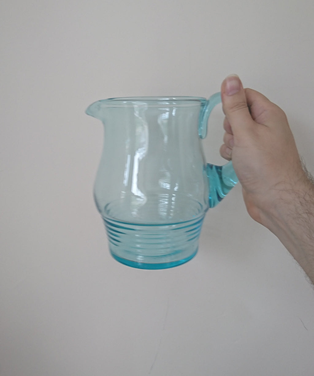 Vintage Blue Glass Pitcher Set, 1970s Retro Barware, Mid Century Modern, 6-Piece