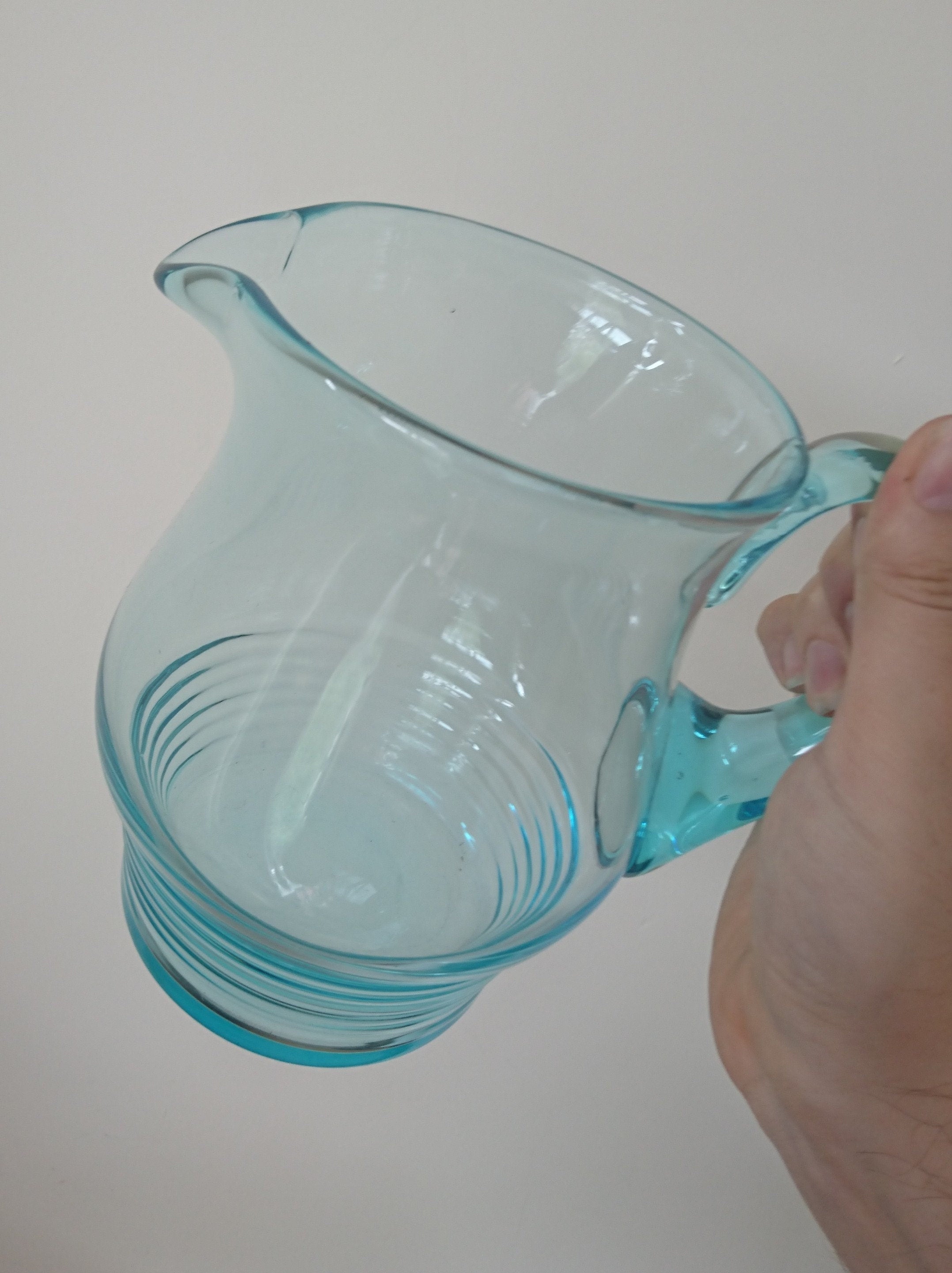 Vintage Blue Glass Pitcher Set, 1970s Retro Barware, Mid Century Modern, 6-Piece