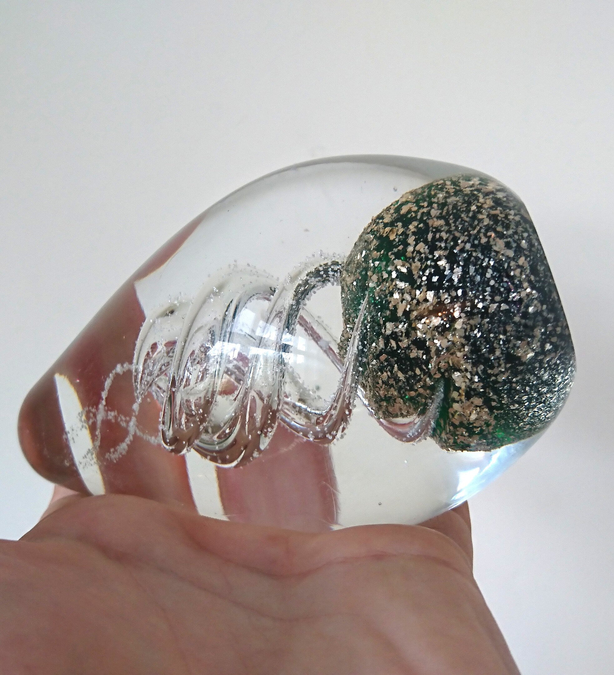 Vintage Oval Paperweight Green Swirl Spiral Clear Glass Collectable Glass Art Office Decor