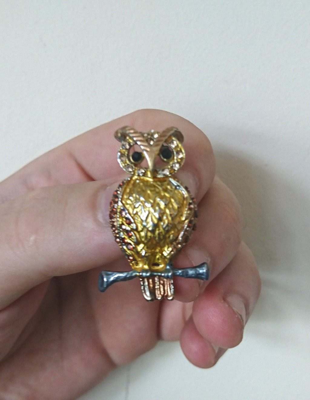 Vintage Gold Owl Brooch Amber Rhinestone Costume Jewellery Jewelry Vintage Bird Pin