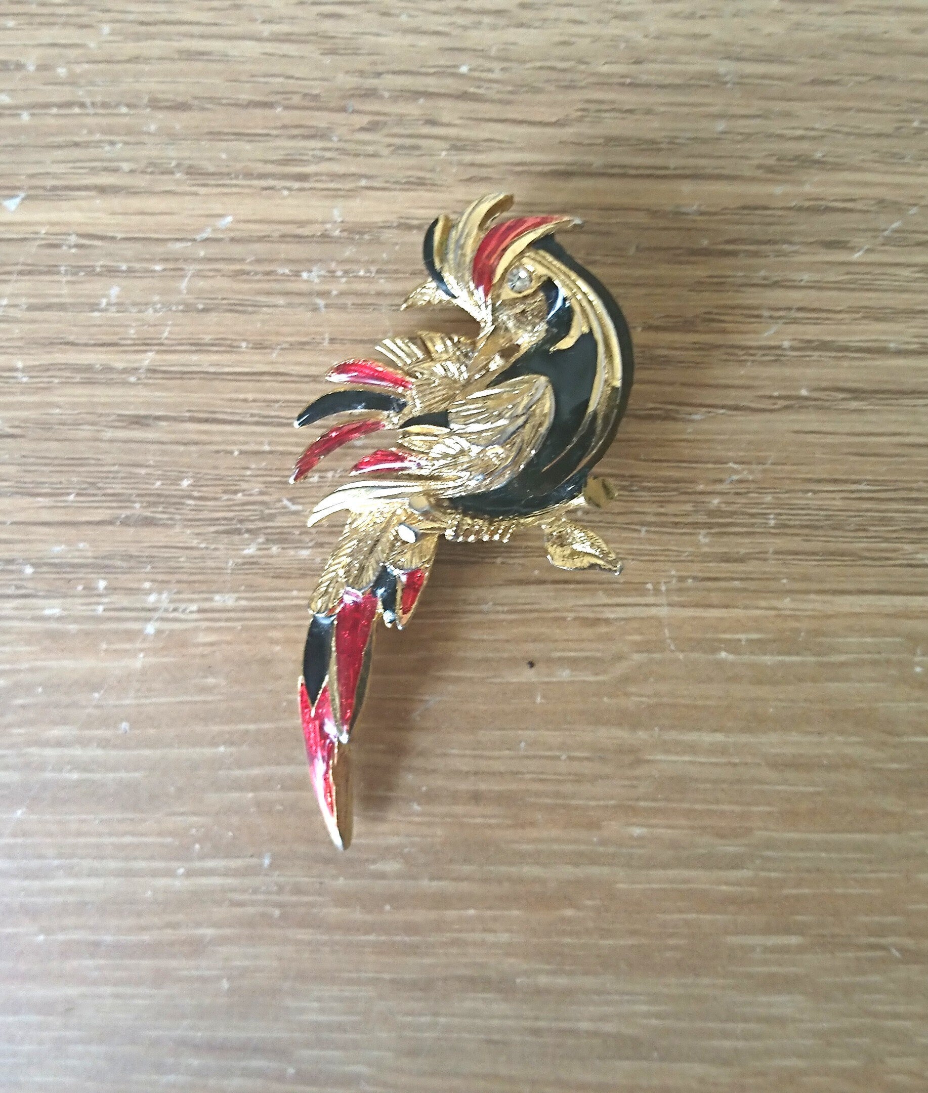 Vintage cockerial Brooch Bird Pin Enamel Gold Tone Costume Jewellery Jewelry