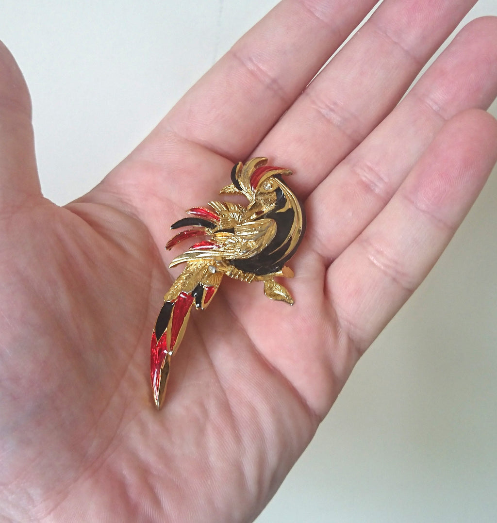 Vintage cockerial Brooch Bird Pin Enamel Gold Tone Costume Jewellery Jewelry