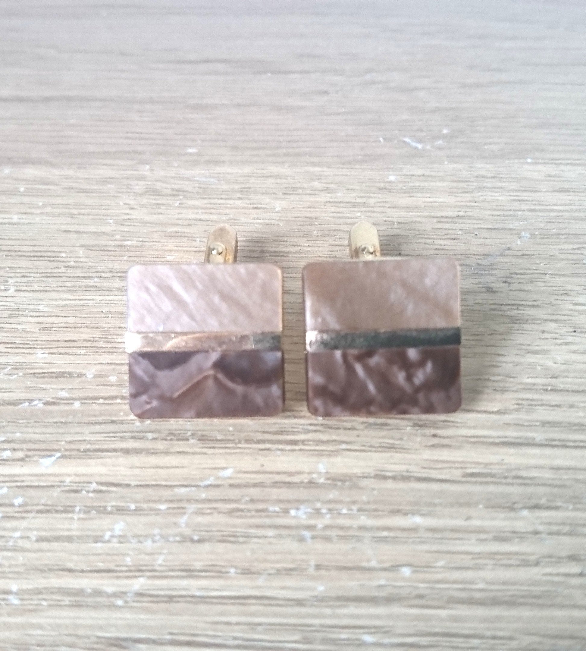 Vintage Cufflinks Square Gold Tone Brown Retro Cuff Links Jewellery Mens Accessory