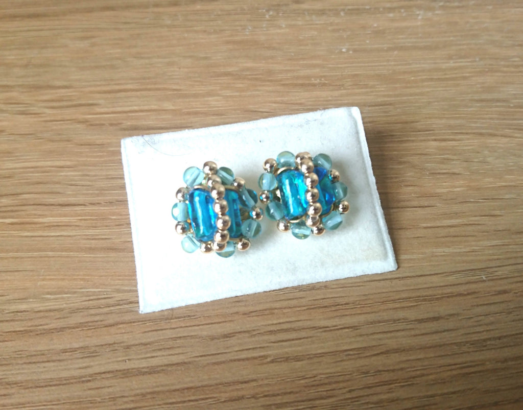 Vintage Blue Stud Earrings Costume Jewellery Jewelry Sapphire Blue Glass Silver Beads