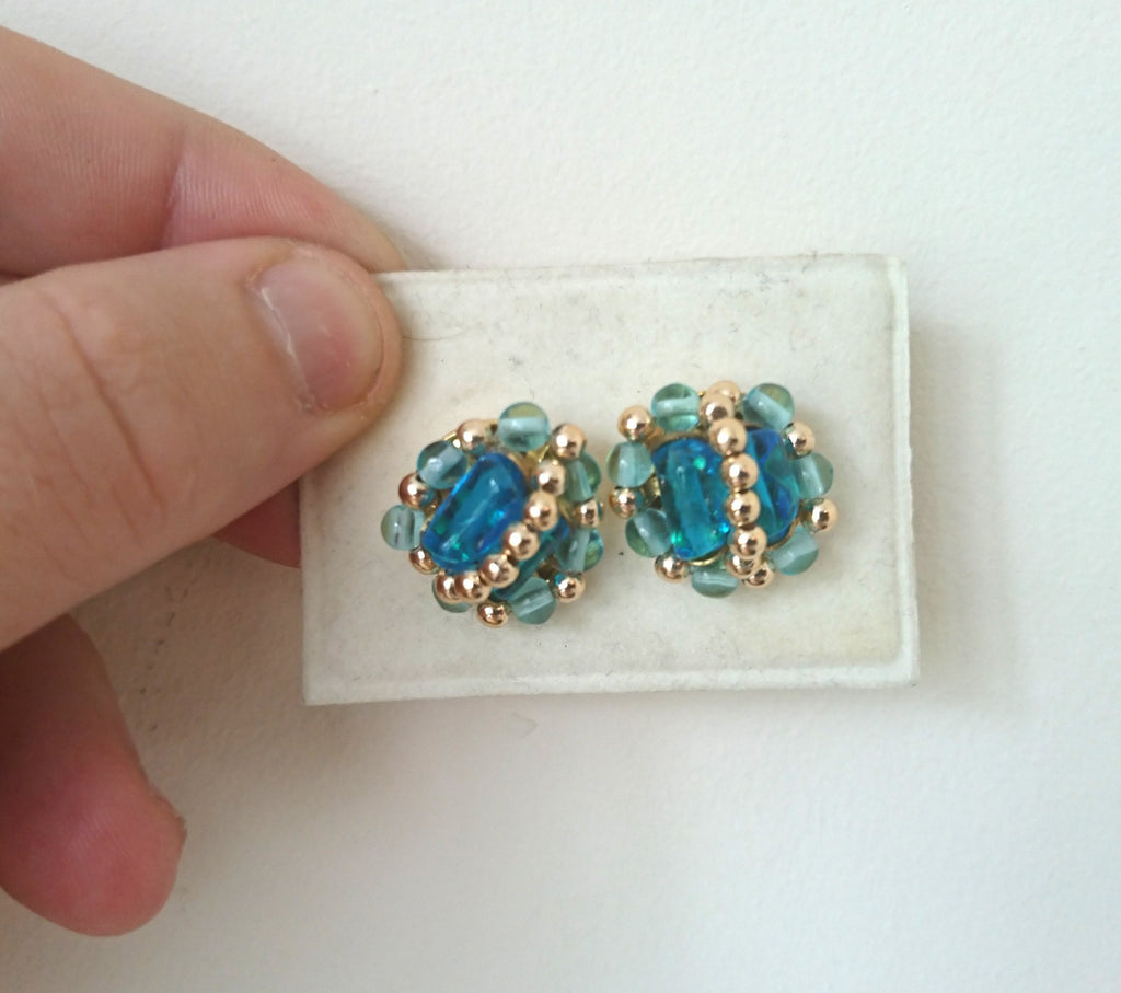 Vintage Blue Stud Earrings Costume Jewellery Jewelry Sapphire Blue Glass Silver Beads