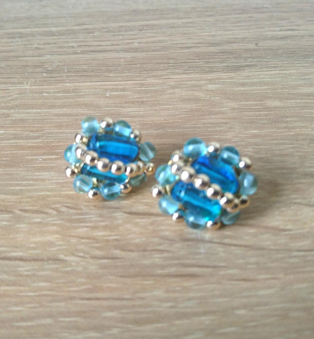 Vintage Blue Stud Earrings Costume Jewellery Jewelry Sapphire Blue Glass Silver Beads