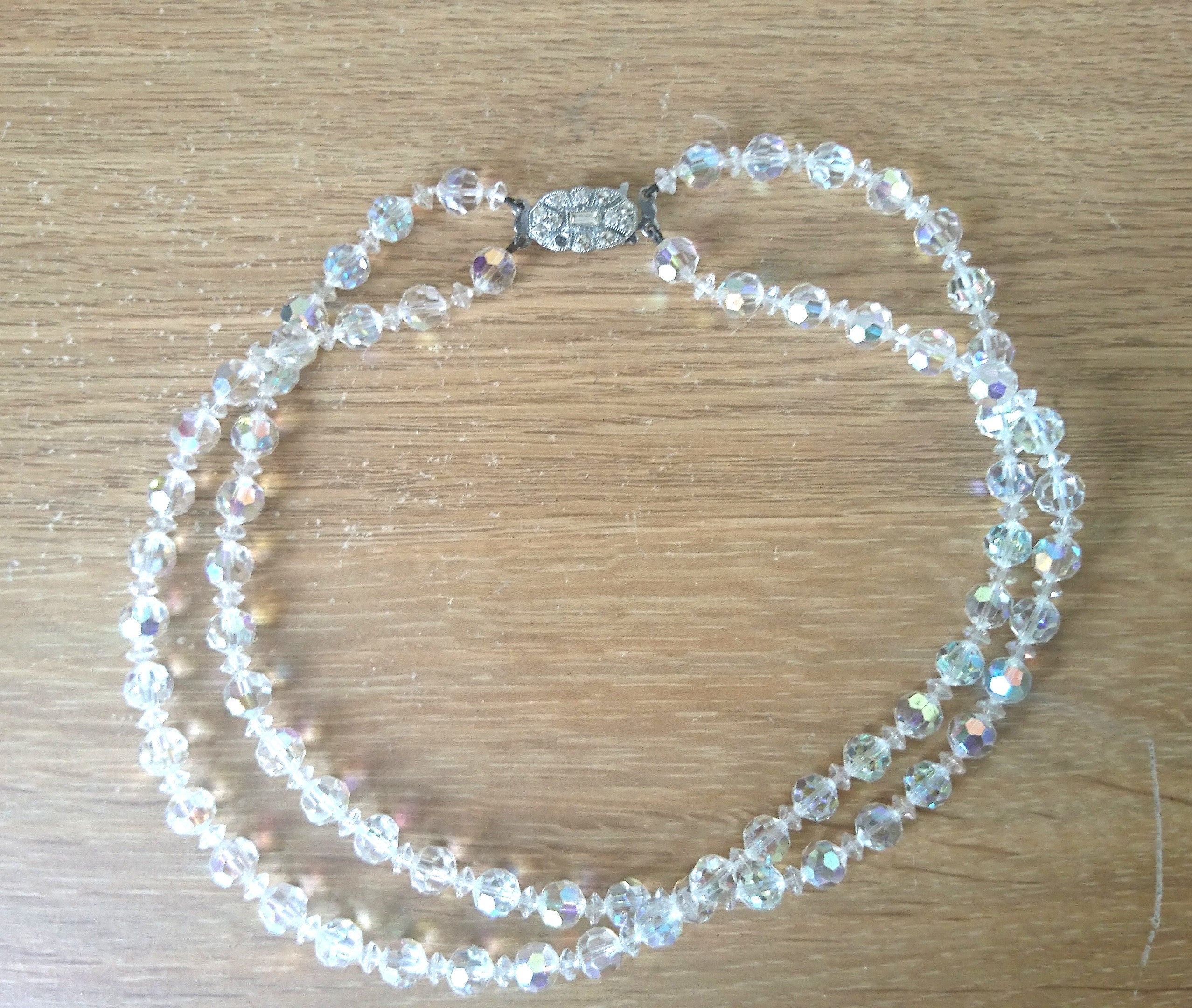 Vintage Aurora Borealis Glass Bead Necklace, 1950s Costume Jewelry