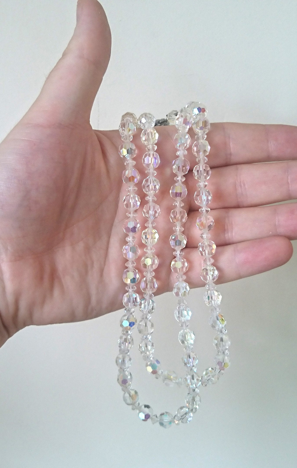 Vintage Aurora Borealis Glass Bead Necklace, 1950s Costume Jewelry