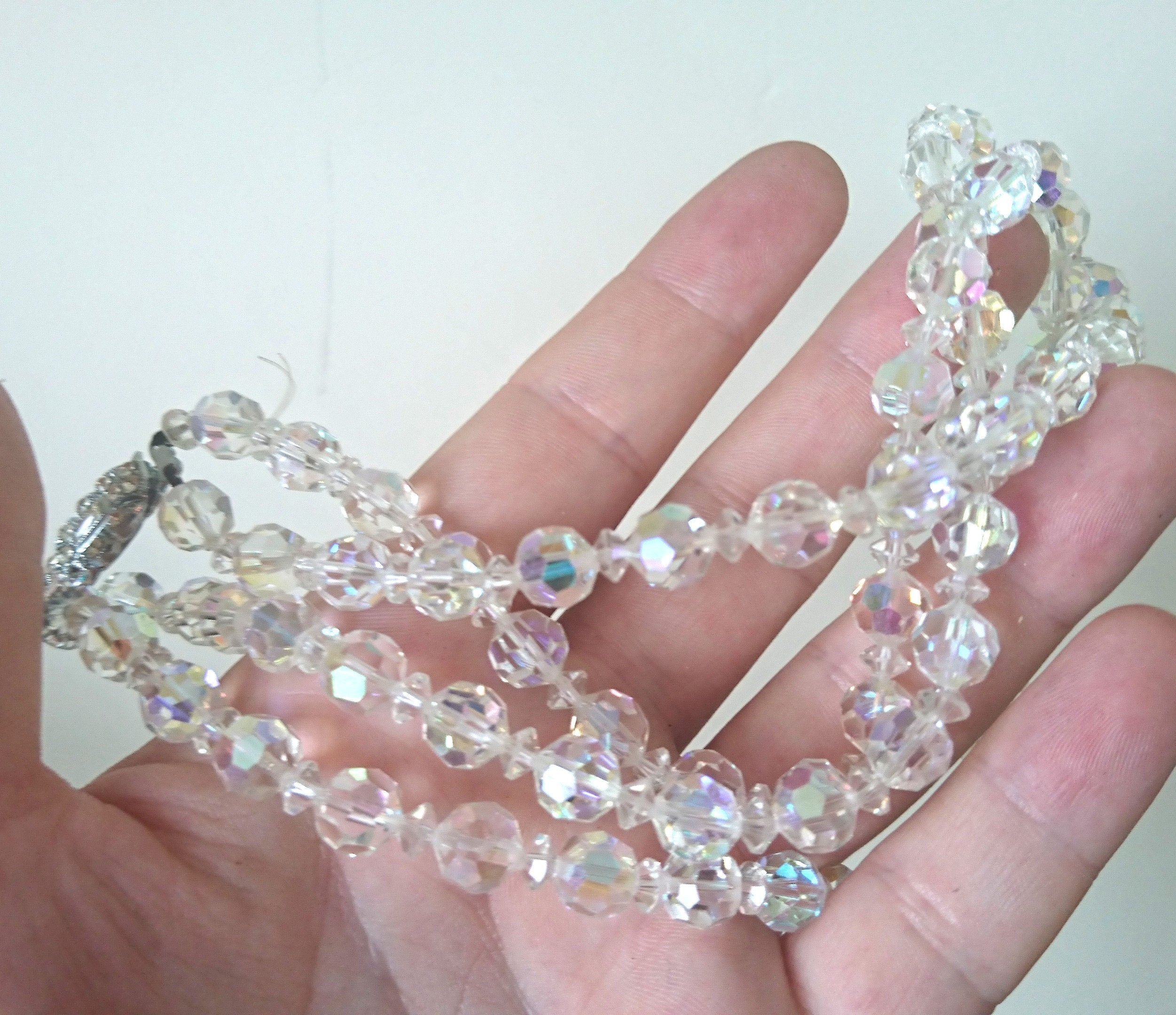Vintage Aurora Borealis Glass Bead Necklace, 1950s Costume Jewelry