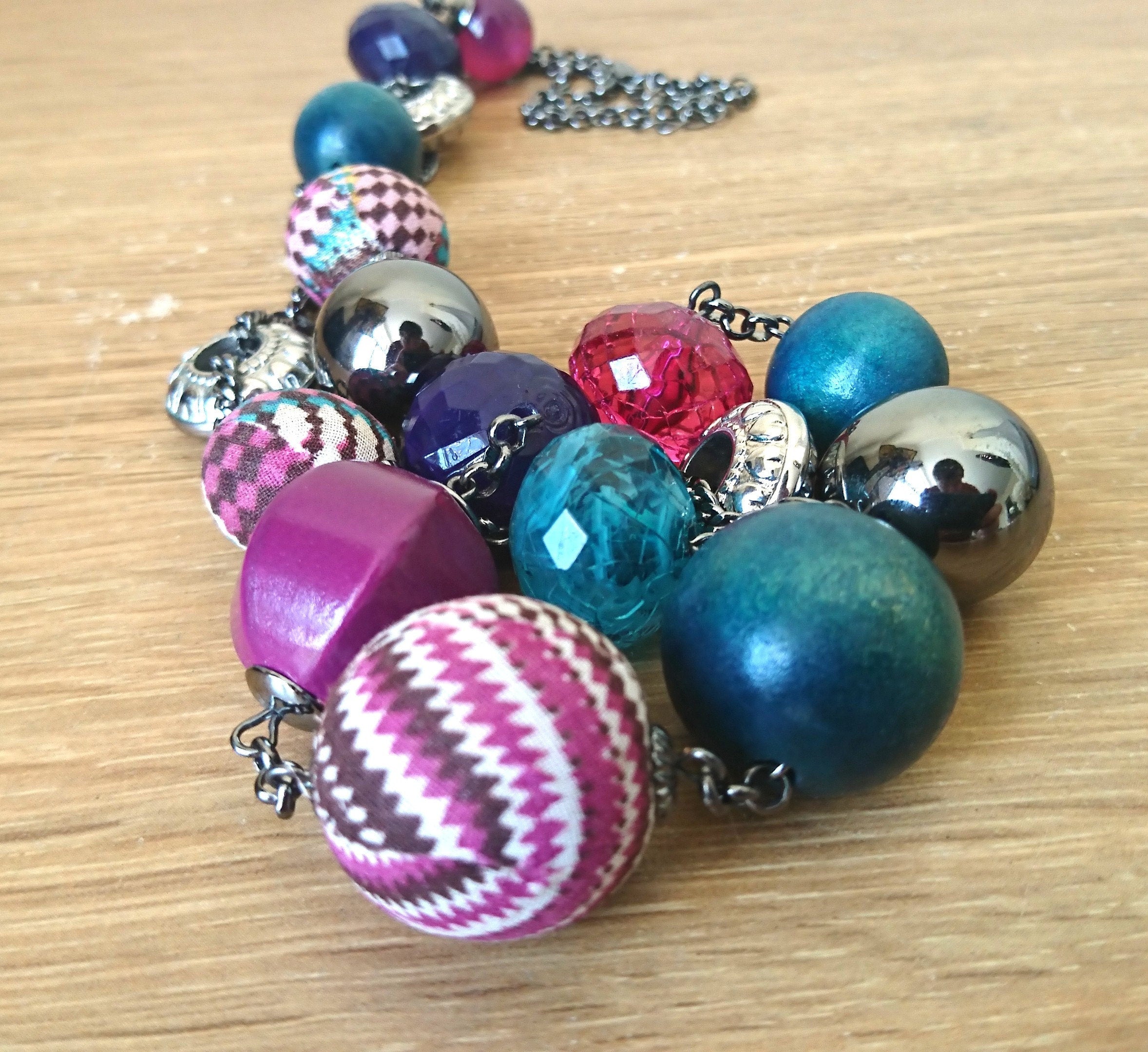 Vintage Necklace Fabric Beaded Long Retro 1990's Plastic, Wooden Costume Jewellery Jewelry
