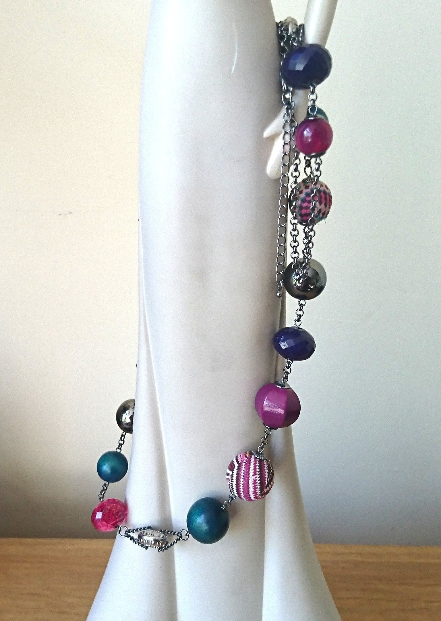 Vintage Necklace Fabric Beaded Long Retro 1990's Plastic, Wooden Costume Jewellery Jewelry