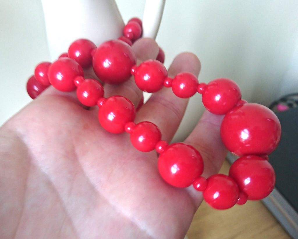 Vintage Red Cherry Bead Necklace, Long Retro Costume Jewelry