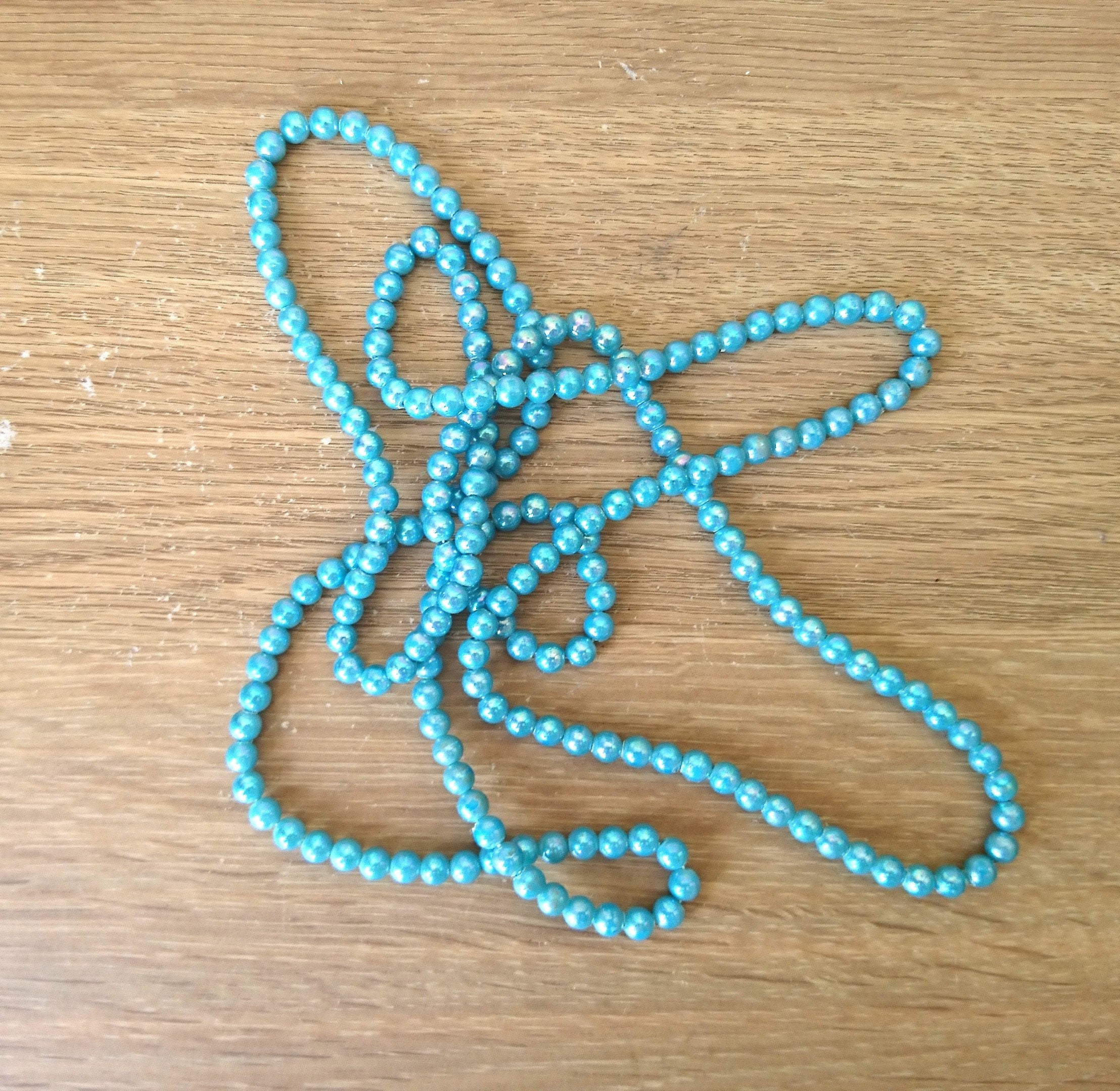 Vintage Lucite Blue Beaded Necklace Long Double Loop Retro 1970's Costume Jewellery Jewelry