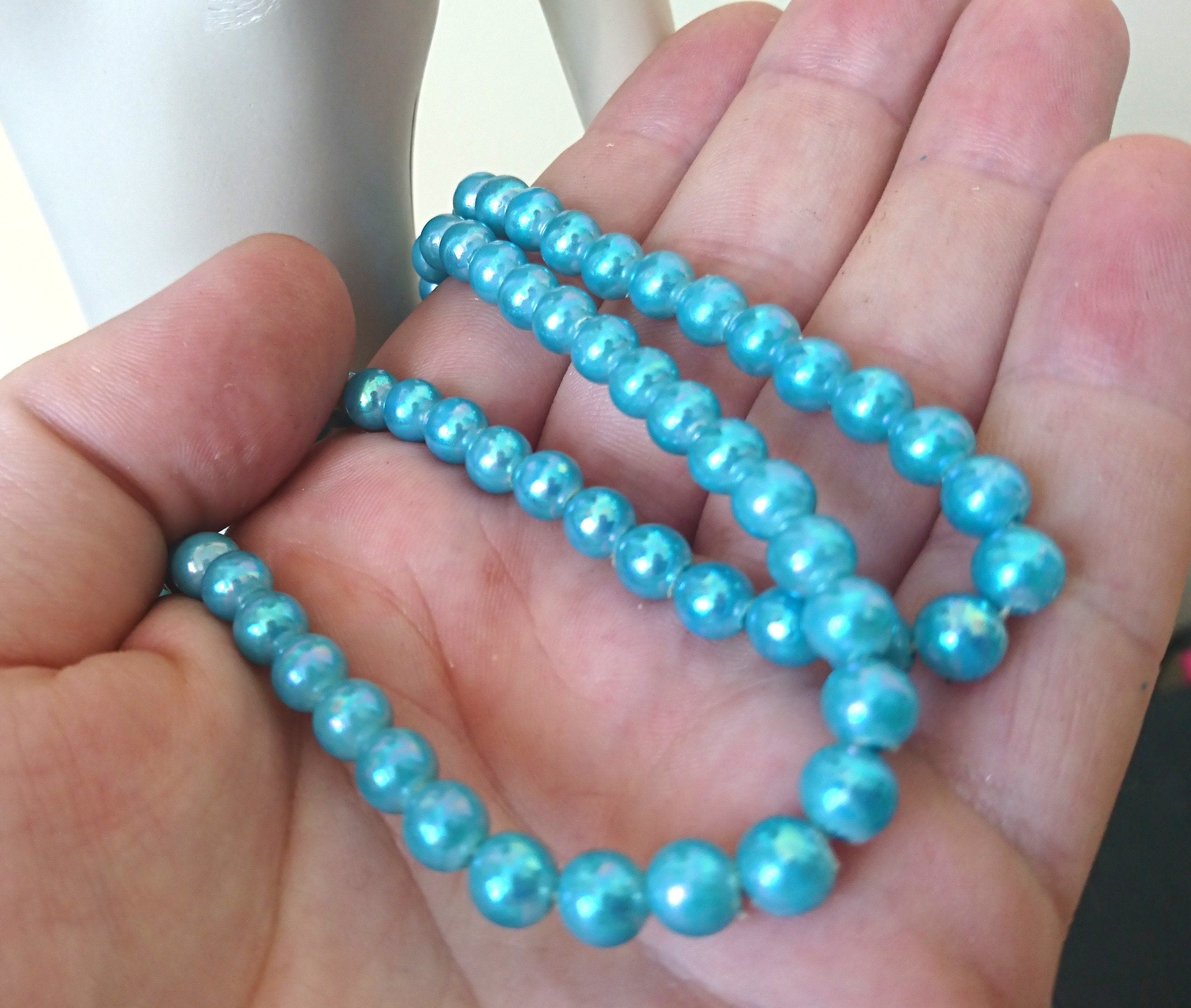Vintage Lucite Blue Beaded Necklace Long Double Loop Retro 1970's Costume Jewellery Jewelry