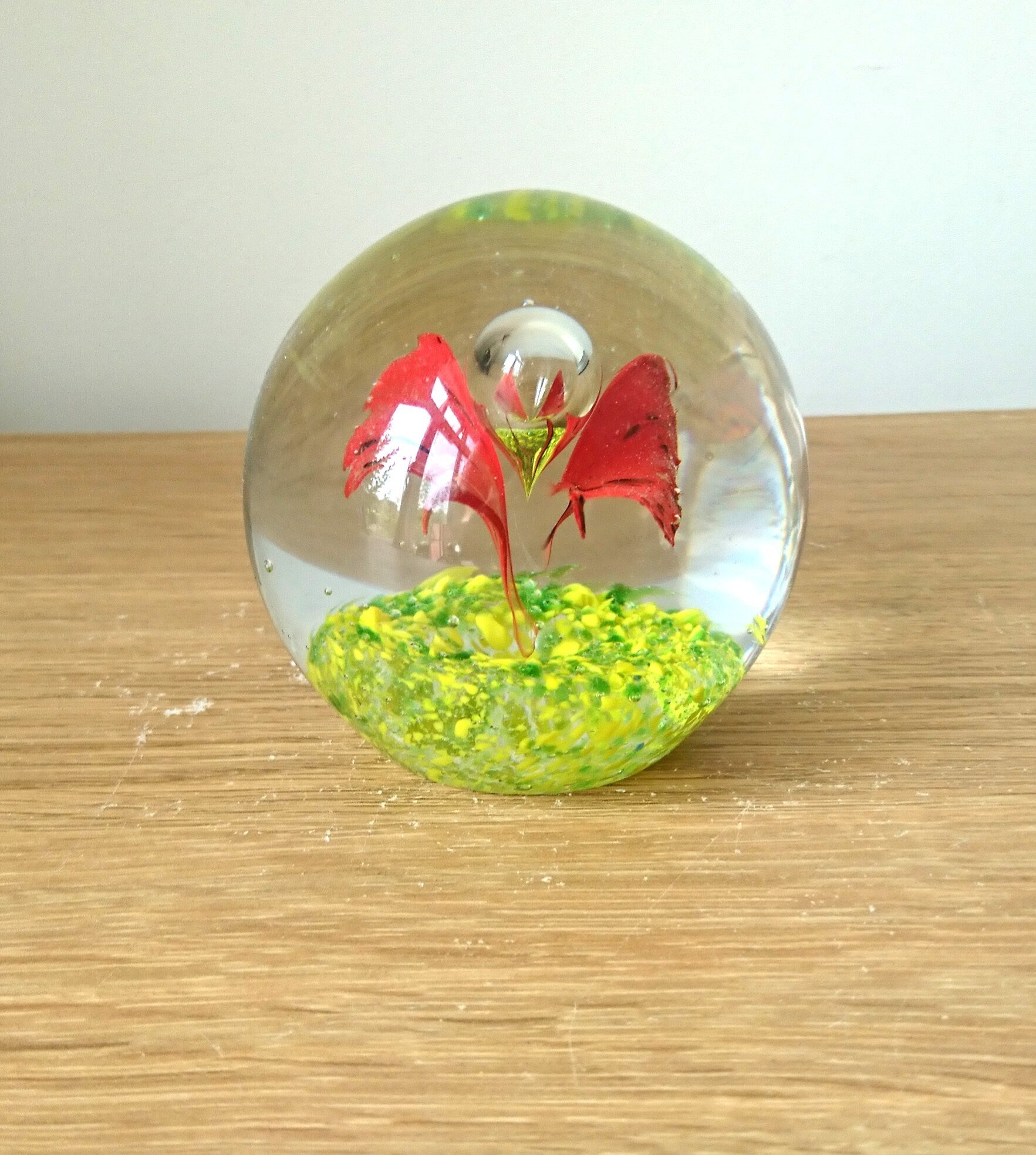 Vintage Paperweight Green, Red Glass Art Floral Flower Butterfly Office Decor Round Collectable