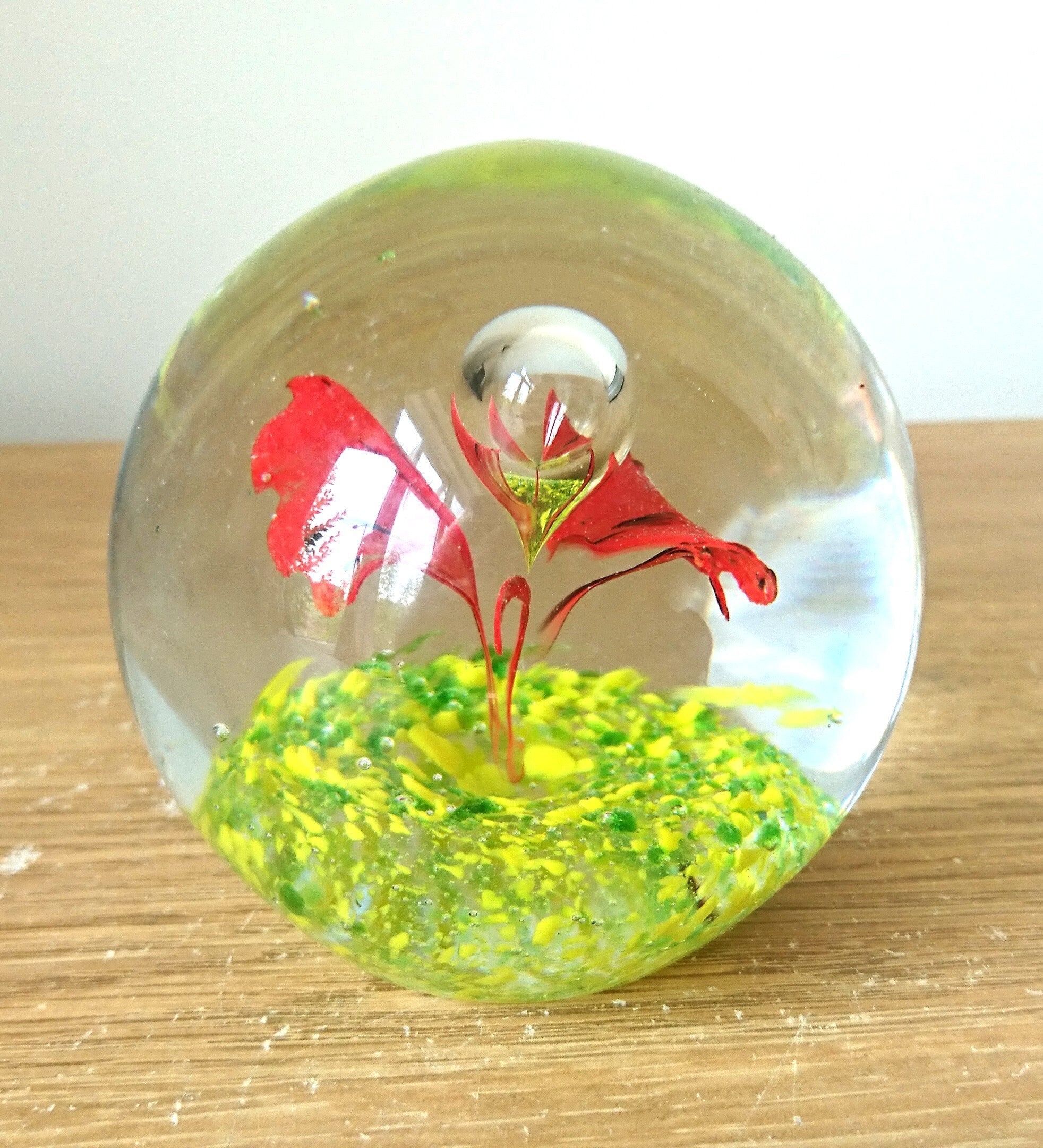 Vintage Paperweight Green, Red Glass Art Floral Flower Butterfly Office Decor Round Collectable