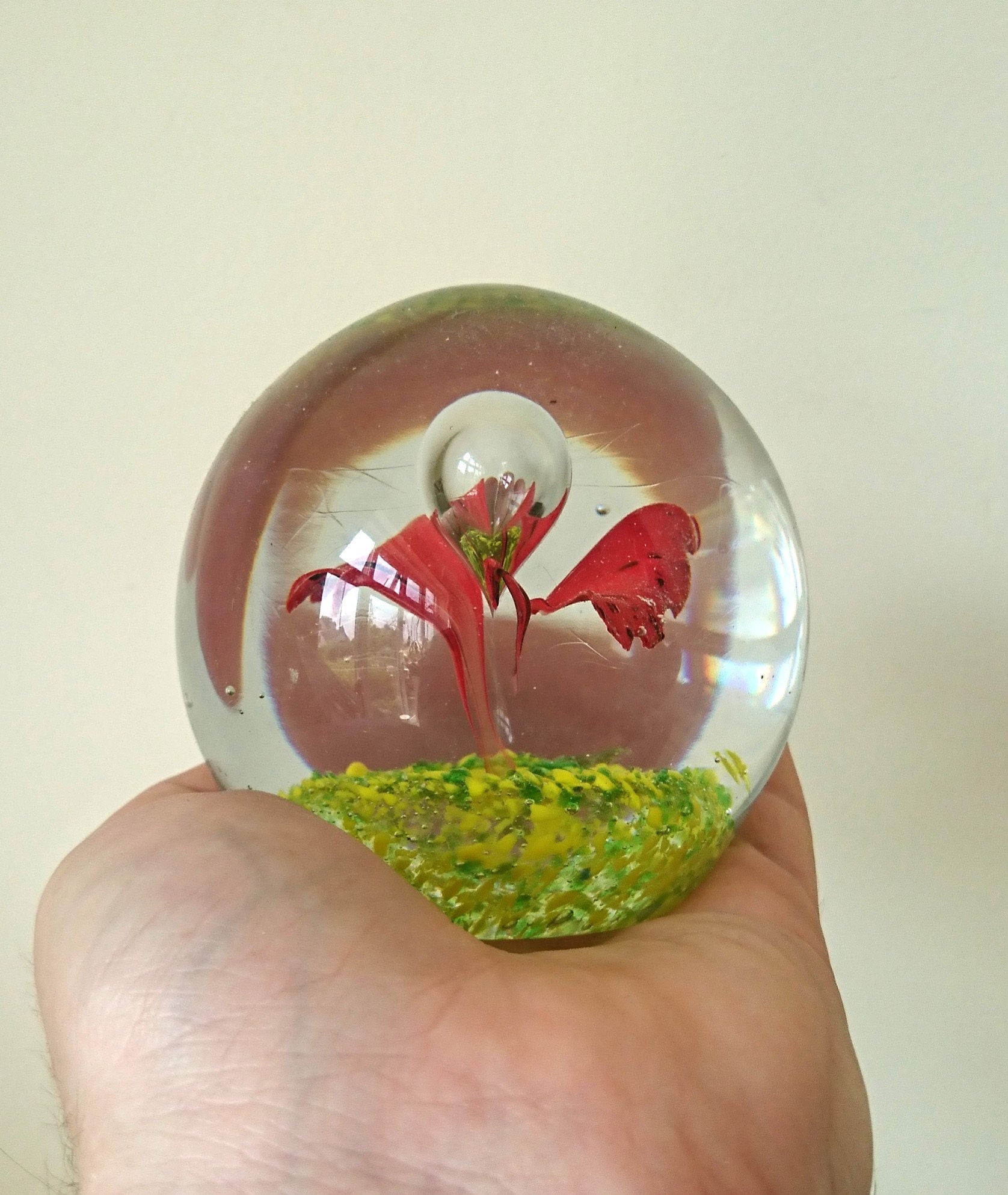 Vintage Paperweight Green, Red Glass Art Floral Flower Butterfly Office Decor Round Collectable