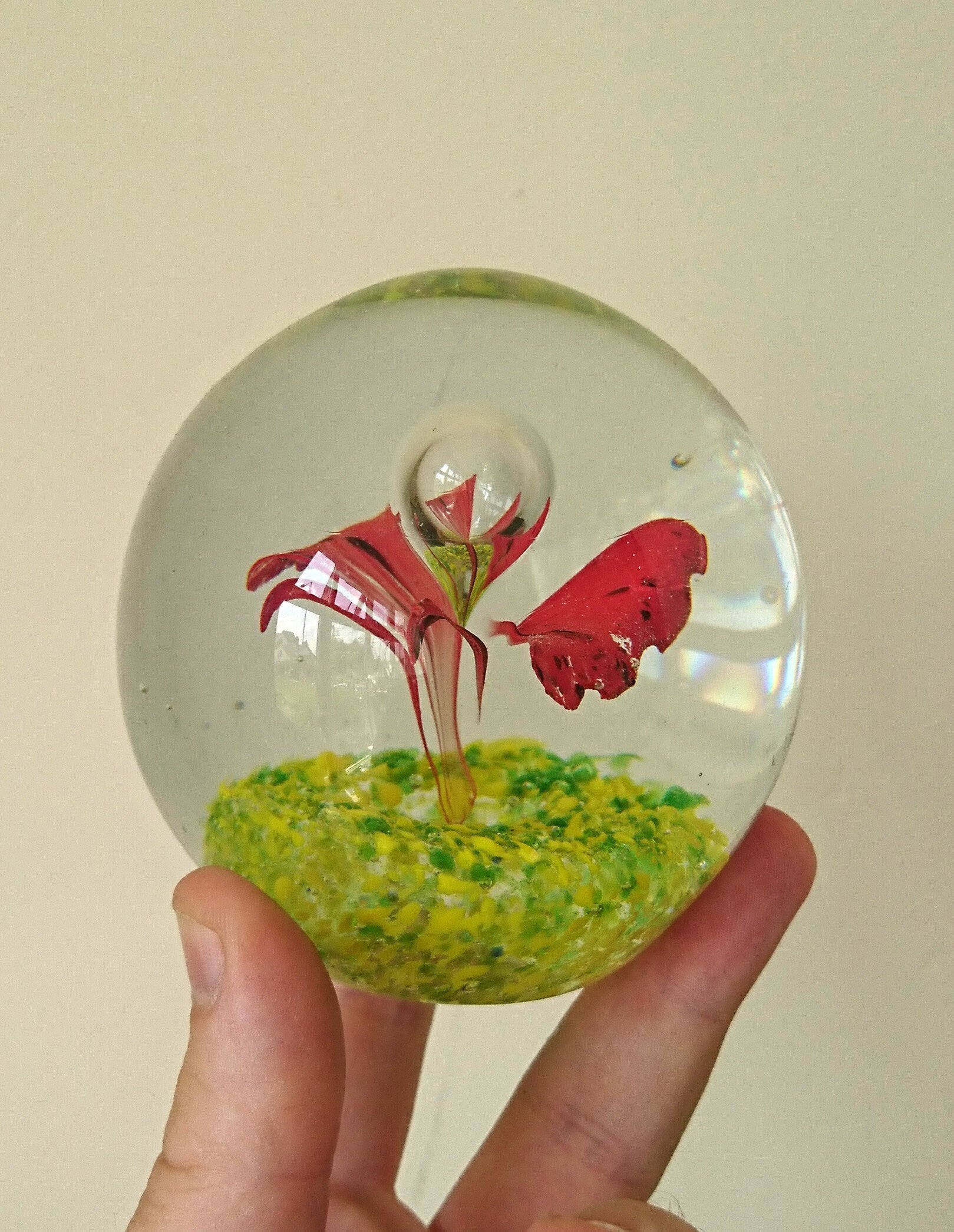 Vintage Paperweight Green, Red Glass Art Floral Flower Butterfly Office Decor Round Collectable