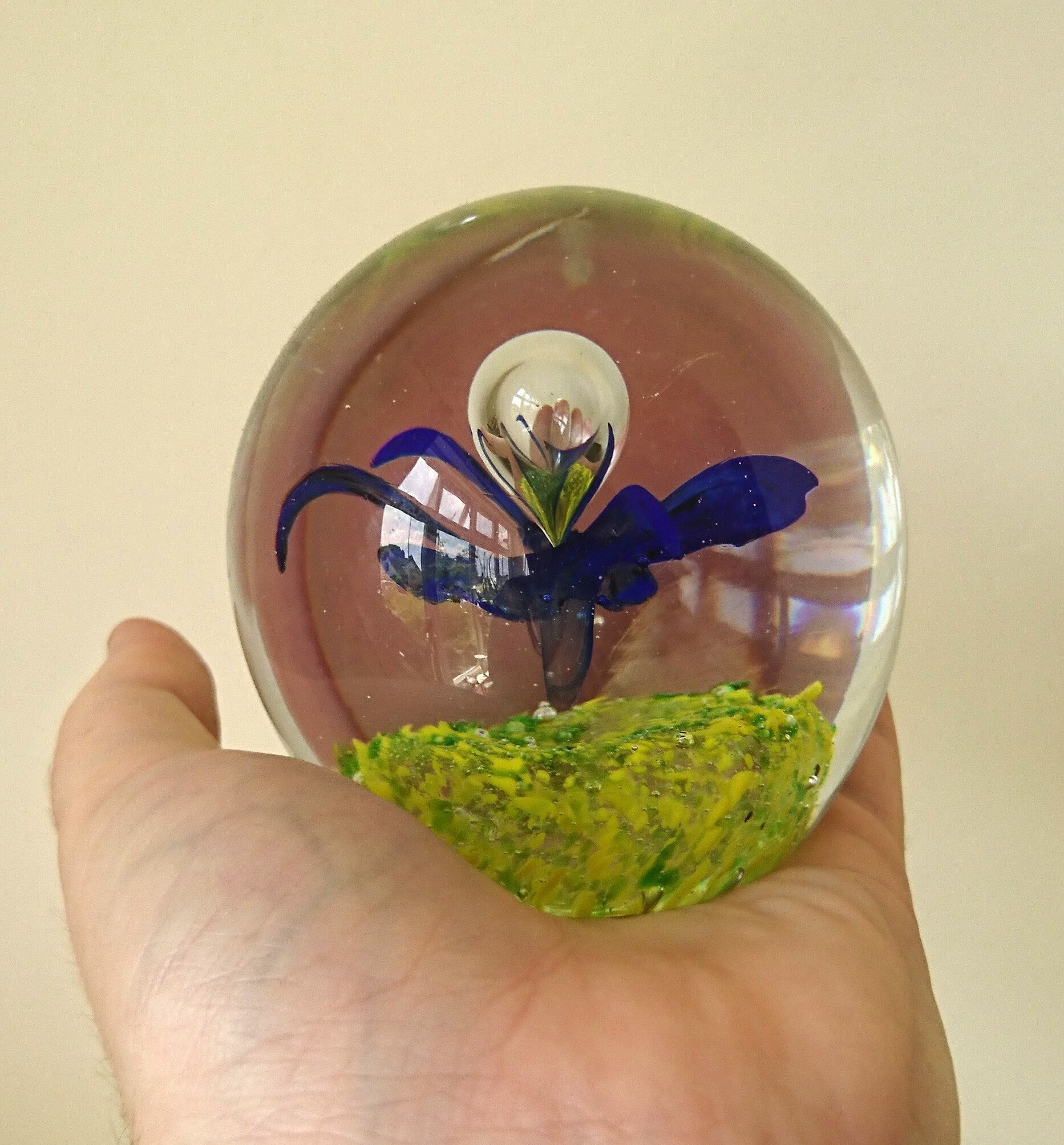 Vintage Paperweight Green, Blue Glass Art Floral Flower Butterfly Office Decor Round Collectable