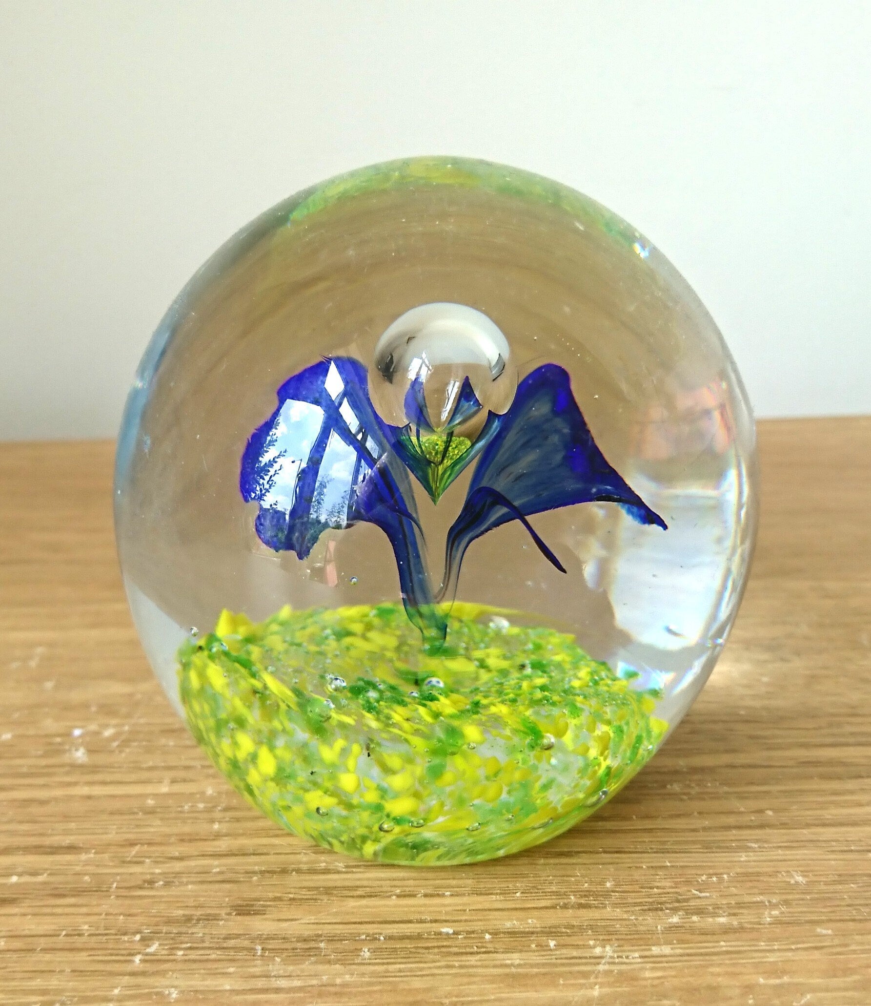 Vintage Paperweight Green, Blue Glass Art Floral Flower Butterfly Office Decor Round Collectable