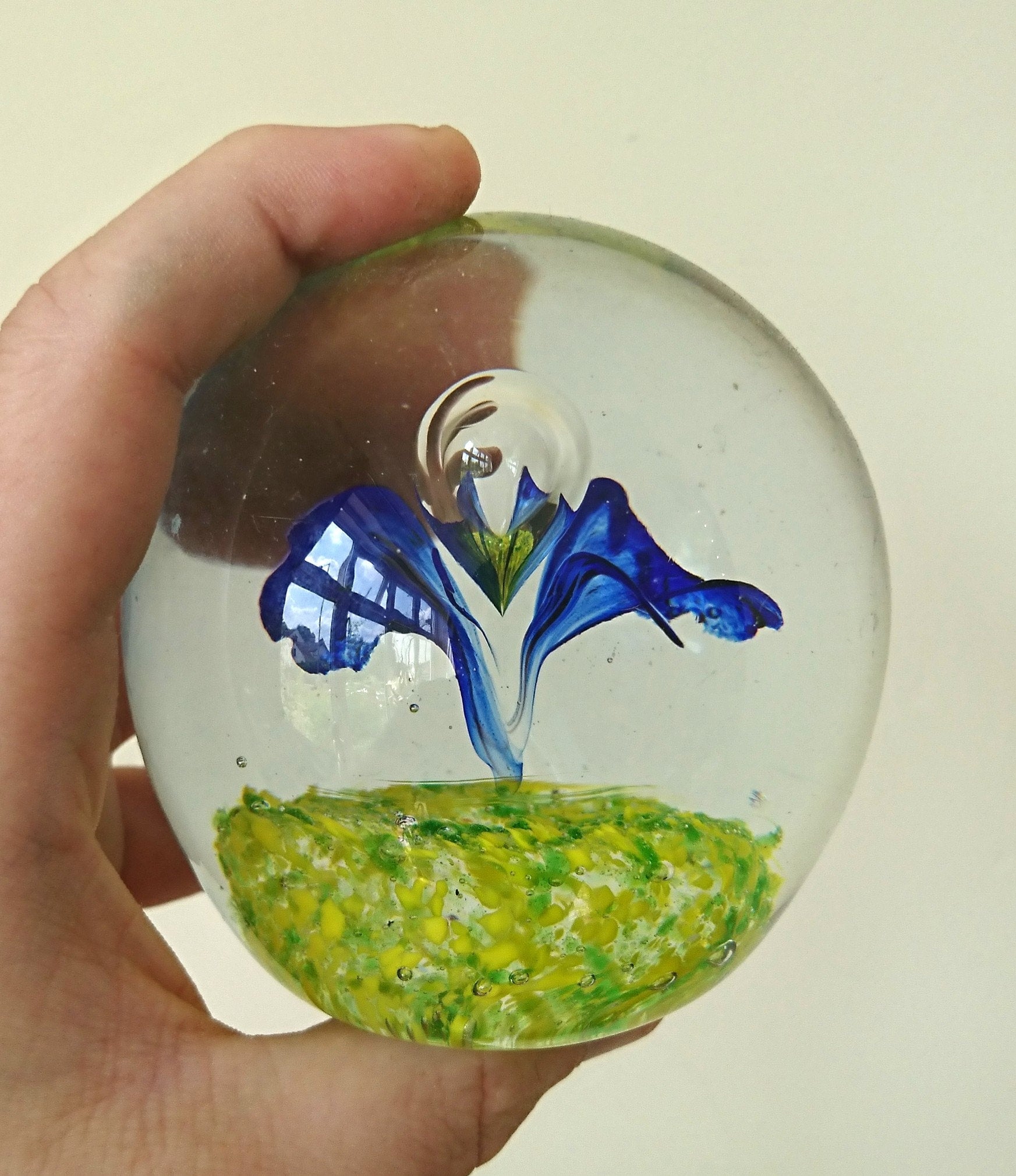 Vintage Paperweight Green, Blue Glass Art Floral Flower Butterfly Office Decor Round Collectable