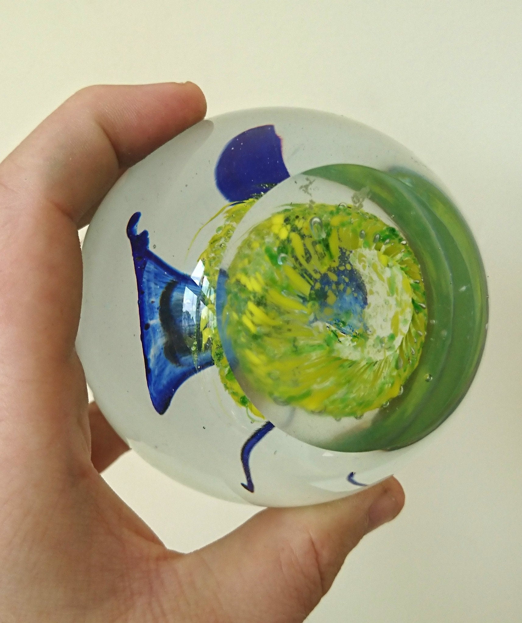 Vintage Paperweight Green, Blue Glass Art Floral Flower Butterfly Office Decor Round Collectable
