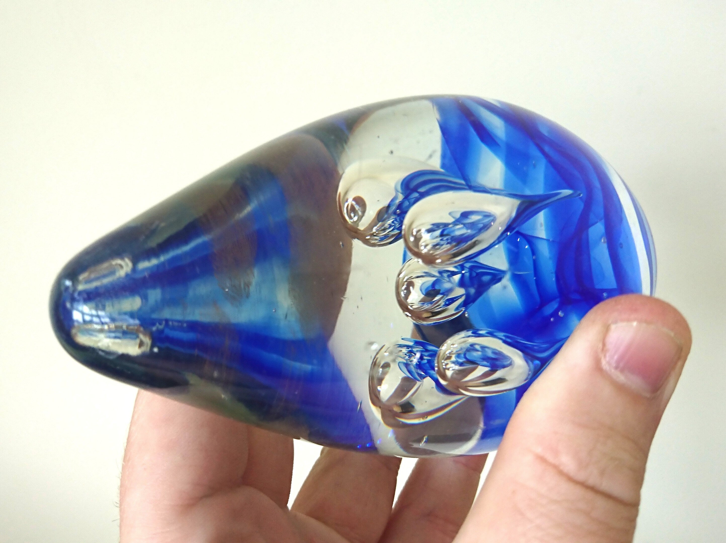 Vintage Oval Paperweight Blue Droplet Swirl Spiral Clear Glass Collectable Glass Art Office Decor